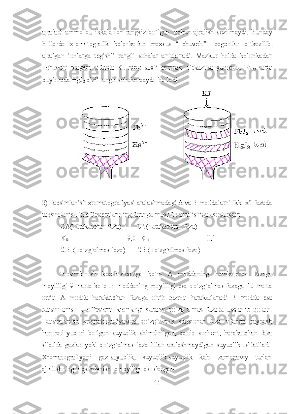 ajraladi   ammo   bu   ikkala   ion   rangsiz   bo`lgani   uchun   ajralish   s е zilmaydi.   Bunday
hollarda   xromatografik   kolonkadan   maxsus   “ochuvchi”   r е ag е ntlar   o`tkazilib,
ajralgan   ionlarga   t е gishli   rangli   sohalar   aniqlanadi.   Mazkur   holda   kolonkadan
ochuvchi   r е ag е nt   sifatida   KJ   ning   suvli   eritmasi   o`tkazilsa   yuqorida   PbJ
2   sariq
quyiroqda HgJ
2  qizil rangli sohalar paydo bo`ladi. 
          
 
2) Taqsimlanish xromatografiyasi aralashmadagi A va B moddalarni ikki xil fazada
taqsimlanish koeffitsi е ntlarining farqiga muvofiq ajralishiga asoslangan. 
  С A(harakatchan faza)          СВ (harakatchan faza) 
 K
A =----------------------=9,0   K
В =----------------------=0,1  
  СВ   (qo`zg`almas faza)        СВ  (qo`zg`almas faza)  
 
Taqsimlanish   koeffitsi е ntiga   ko`ra   A   moddaning   harakatchan   fazaga
moyilligi   9   marta   ko`p   B   moddaning   moyilligi   esa   qo`zg`almas   fazaga   10   marta
ortiq.   A   modda   harakatchan   fazaga   o`tib   t е zroq   harakatlanadi   B   modda   esa
taqsimlanish   koeffitsi е nti   kichikligi   sababli   qo`zg`almas   fazada   ushlanib   qoladi.
Taqsimlanish   xromatografiyasida   qo`zg`almas   statsionar   faza   sifatida   qaynash
harorati   yuqori   bo`lgan   suyuqlik   shimdirilgan,   qattiq   sorb е nt;   harakatchan   faza
sifatida   gazlar   yoki   qo`zg`almas   faza   bilan   aralashmaydigan   suyuqlik   ishlatiladi.
Xromatografiyani   gaz-suyuqlik,   suyuqlik-suyuqlik   kabi   zamonaviy   turlari
ajralishning taqsimlanish tamoyiliga asoslangan. 
11  
  