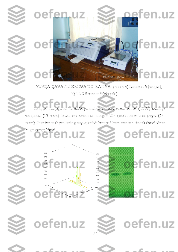 . YUPQA QAVATLI XROMATOGRAFIYA  pribori a) Linomat 5 (ungda), 
                                    b) TLC Scanner 3 (chapda).
Olingan natijaga ko‘ra reaksiya mahsuloti  dezoksivazitsinon  (DOV)  ekanligi
aniqlandi   (13-rasm).   Buni   shu   skanerda   olingan   UB-spektri   ham   tasdiqlaydi   (14-
rasm). Bundan tashqari uning suyuqlanish harorati ham standart dezoksivazitsinon
bilan aynan bir xil.
        
36  
  