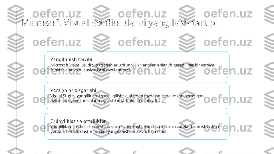 Microsoft Visual Studio ularni yangilash tartibi
Yangilanish t art ibi
Microsoft Visual Studio, o'zgarishlar uchun yillik yangilanishlar chiqaradi, har bir versiya 
funktsiyalar va xususiyatlarni rivojlantiradi.
Versi y alar o'zgarishi
Visual Studio, yangiliklarni qabul qilish va ulardan foydalanishga imkon beradigan 
avtomatik yangilanishlar o'zgarishlar tartibini ta'minlaydi.
Qul ay lik l ar v a afzall ik lar
Yangiliklarni tezkor o'rganish, dasturni yangilash, texnik savollar va xatolar bilan ishlashga 
yordam beradi, dastur muhim yangilanishlarni o'z ichiga oladi. 