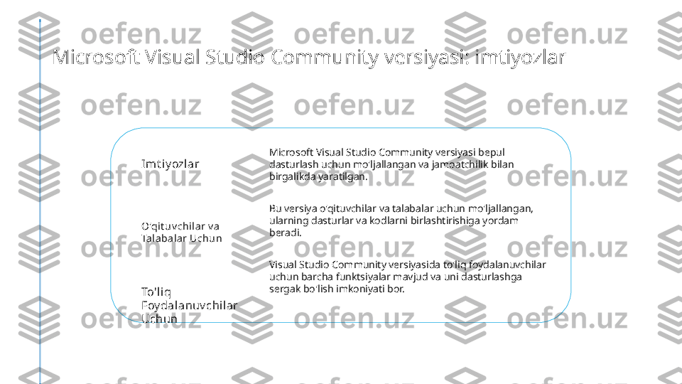 Microsoft Visual Studio Community versiyasi: imtiyozlar
Imt iy ozlar
O'qit uv chi lar v a 
Ta labalar Uchun
To'liq 
Foy dalanuv chi lar 
Uchun Microsoft Visual Studio Community versiyasi bepul 
dasturlash uchun mo'ljallangan va jamoatchilik bilan 
birgalikda yaratilgan.
Bu versiya o'qituvchilar va talabalar uchun mo'ljallangan, 
ularning dasturlar va kodlarni birlashtirishiga yordam 
beradi.
Visual Studio Community versiyasida to'liq foydalanuvchilar 
uchun barcha funktsiyalar mavjud va uni dasturlashga 
sergak bo'lish imkoniyati bor. 