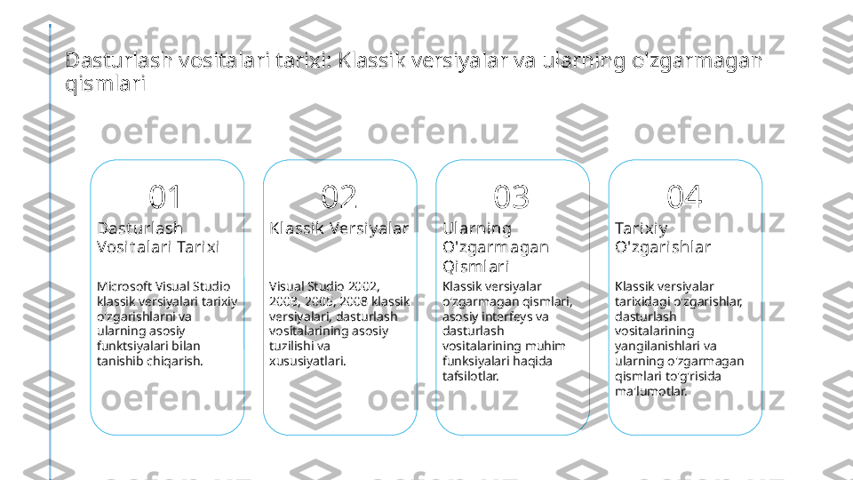 Dasturlash vositalari tarixi: Klassik versiyalar va ularning o'zgarmagan 
qismlari
01
Dast urlash 
Vosi t alari Tarixi
Microsoft Visual Studio 
klassik versiyalari tarixiy 
o'zgarishlarni va 
ularning asosiy 
funktsiyalari bilan 
tanishib chiqarish. 02
Klassik  Versiy alar
Visual Studio 2002, 
2003, 2005, 2008 klassik 
versiyalari, dasturlash 
vositalarining asosiy 
tuzilishi va 
xususiyatlari. 03
Ul arning 
O'zgarmagan 
Qismlari
Klassik versiyalar 
o'zgarmagan qismlari, 
asosiy interfeys va 
dasturlash 
vositalarining muhim 
funksiyalari haqida 
tafsilotlar. 04
Tarixiy  
O'zgarishlar
Klassik versiyalar 
tarixidagi o'zgarishlar, 
dasturlash 
vositalarining 
yangilanishlari va 
ularning o'zgarmagan 
qismlari to'g'risida 
ma'lumotlar. 