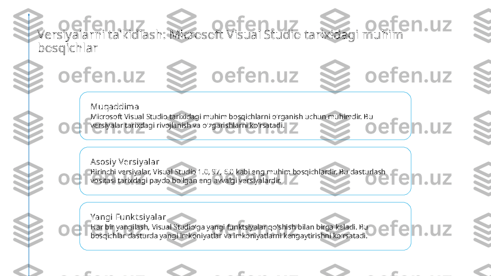 Versiyalarni ta'kidlash: Microsoft Visual Studio tarixidagi muhim 
bosqichlar
Muqaddima
Microsoft Visual Studio tarixidagi muhim bosqichlarni o'rganish uchun muhimdir. Bu 
versiyalar tarixdagi rivojlanish va o'zgarishlarni ko'rsatadi.
Asosiy  Versiy al ar
Birinchi versiyalar, Visual Studio 1.0, 97, 6.0 kabi eng muhim bosqichlardir. Bu dasturlash 
vositasi tarixdagi paydo bo'lgan eng avvalgi versiyalardir.
Yangi Funk t siy alar
Har bir yangilash, Visual Studio'ga yangi funktsiyalar qo'shish bilan birga keladi. Bu 
bosqichlar dasturda yangi imkoniyatlar va imkoniyatlarni kengaytirishni ko'rsatadi. 