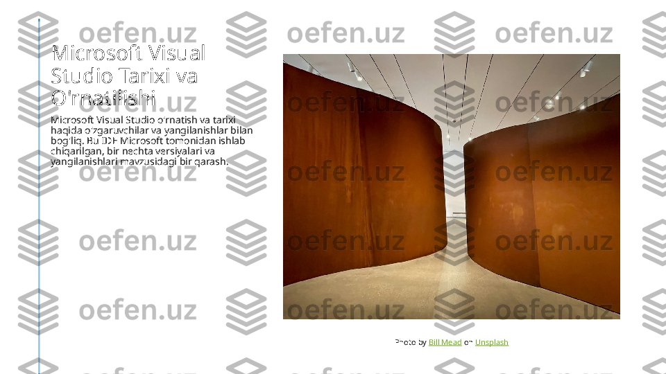 Microsoft Visual 
Studio Tarixi va 
O'rnatilishi
Microsoft Visual Studio o'rnatish va tarixi 
haqida o'zgaruvchilar va yangilanishlar bilan 
bog'liq. Bu IDE Microsoft tomonidan ishlab 
chiqarilgan, bir nechta versiyalari va 
yangilanishlari mavzusidagi bir qarash.
Photo by  Bill Mead  on  Unsplash 