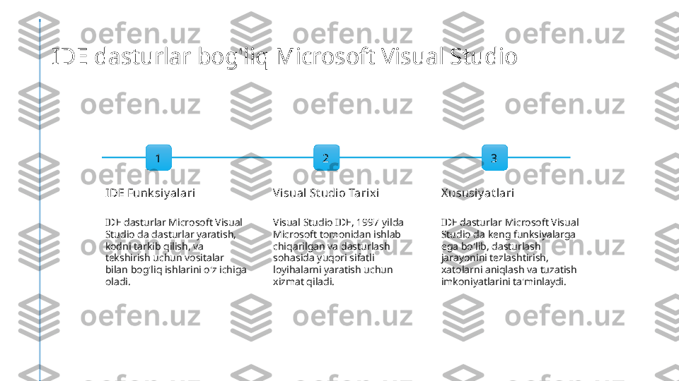 IDE dasturlar bog'liq Microsoft Visual Studio
1
IDE Funk siy alari
IDE dasturlar Microsoft Visual 
Studio da dasturlar yaratish, 
kodni tarkib qilish, va 
tekshirish uchun vositalar 
bilan bog'liq ishlarini o'z ichiga 
oladi. 2
Visual St udi o Tarix i
Visual Studio IDE, 1997 yilda 
Microsoft tomonidan ishlab 
chiqarilgan va dasturlash 
sohasida yuqori sifatli 
loyihalarni yaratish uchun 
xizmat qiladi. 3
X ususiy at lari
IDE dasturlar Microsoft Visual 
Studio da keng funksiyalarga 
ega bo'lib, dasturlash 
jarayonini tezlashtirish, 
xatolarni aniqlash va tuzatish 
imkoniyatlarini ta'minlaydi. 