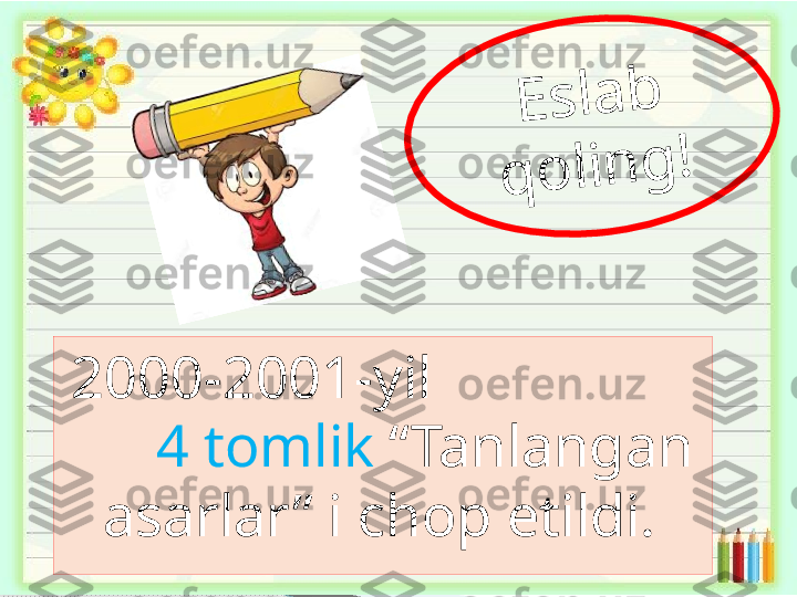 2000-2001-yil                   
      4 tomlik  “Tanlangan 
asarlar” i chop etildi. E	s	l	a	b	 	
q	o	l	i	n	g	!     