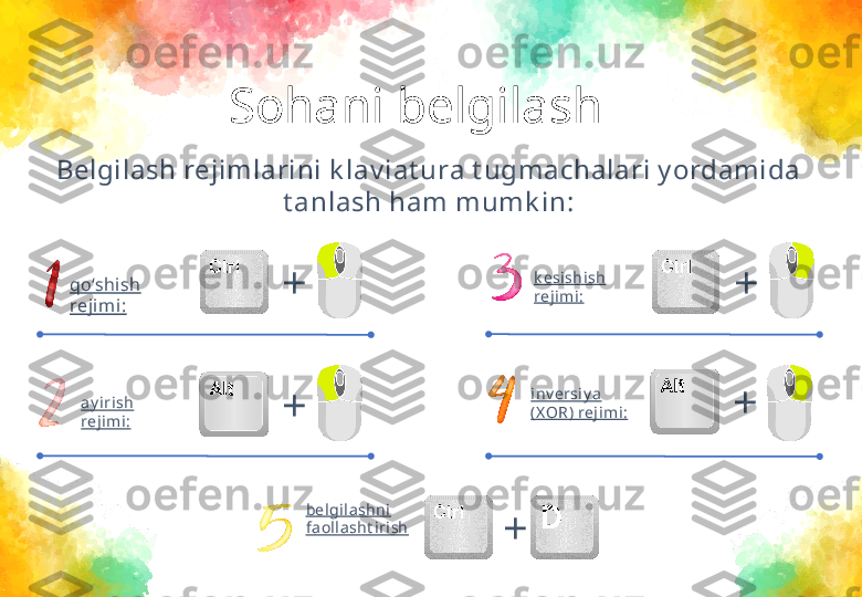 Sohani belgilash
Belgilash rejimlarini k lav iat ura t ugmachalari y ordamida 
t anlash ham mumk in:
qo‘shi sh 
rejim i: + k esishish 
rejimi : +
inv ersiy a  
(X OR) rejimi :
+
bel gil ashni 
faoll asht irish
+ay i rish 
rejimi: + 