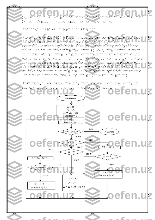 (2)), va birinchi - y = x to'g'ri chiziqqa nisbatan ikkinchi oktantni aks ettirish orqali
(8 -rasm).  Algoritmning blok diagrammasi rasmda ko'rsatilgan.  
Bezier egri chizig'i va uning geometrik algoritmi.
Bezier egri chiziqlari 1960 -yillarda Renault -dan Per Bezier va Citroen shahridan 
Pol de Kastelau tomonidan mustaqil ravishda ishlab chiqilgan bo'lib, ular 
avtomobil kuzovlarini loyihalashda ishlatilgan. De Kastellning kashfiyoti biroz 
oldinroq Bezier tomonidan qilinganiga qaramay (1959), uning tadqiqotlari nashr 
etilmadi va 1960 -yillarning oxirigacha kompaniya tomonidan sanoat siri sifatida 
yashiringan. Egri chiziqlar birinchi marta 1962 yilda frantsuz muhandisi Per Bezier
tomonidan taqdim etilgan, u ularni de Kasteldan mustaqil ravishda ishlab chiqib, 
ularni avtomobil tanalarini kompyuter yordamida loyihalashda ishlatgan. Egri 
chiziqlar Bezier nomi bilan atalgan va de Castellier nomi egri chiziqlarni aniqlash 
uchun ishlab chiqqan rekursiv uslubga berilgan (de Castellier algoritmi).
Keyinchalik, bu kashfiyot kompyuter yordamida dizayn tizimlari va kompyuter 
grafikasi dasturlari uchun eng muhim vositalardan biriga aylandi. 