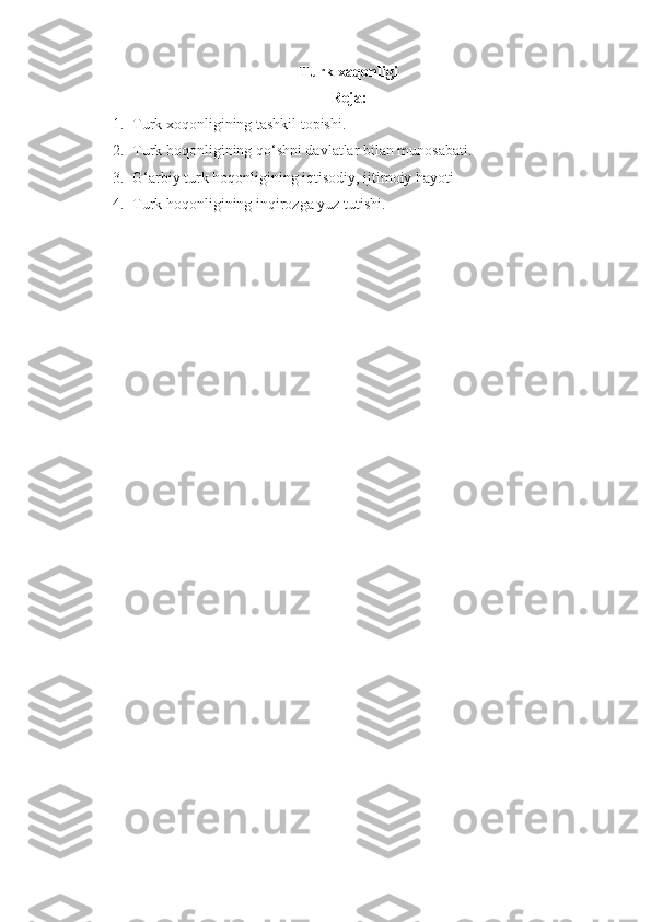 Turk xaqonligi 
Reja:
1. Turk xoqonligining tashkil topishi.
2. Turk hoqonligining qo‘shni davlatlar bilan munosabati.
3. G‘arbiy turk hoqonligining iqtisodiy, ijtimoiy hayoti
4. Turk hoqonligining inqirozga yuz tutishi. 