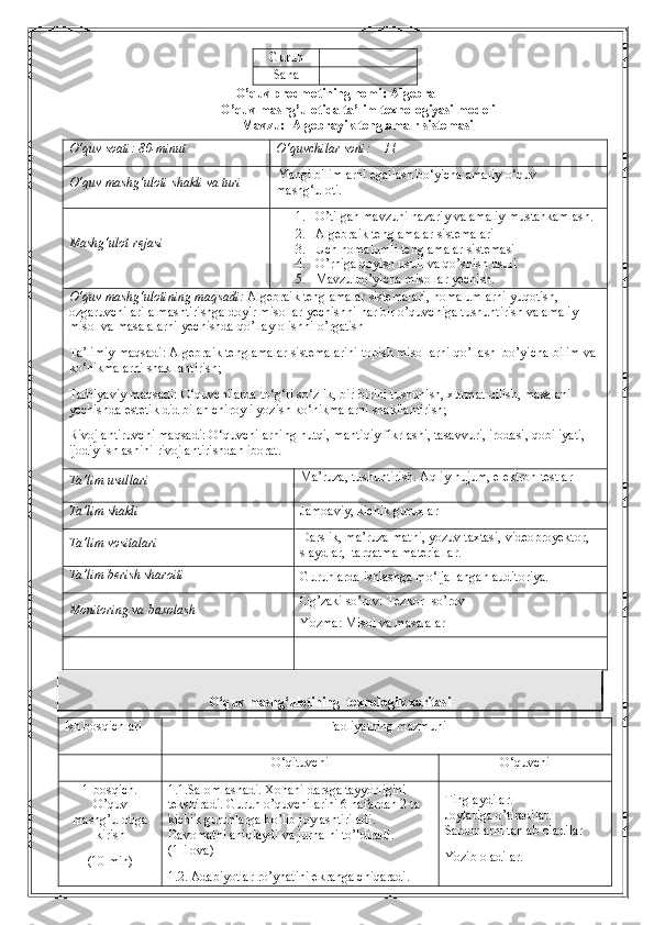 Guruh              
Sana
O’quv predmetining nomi: Algebra
O’ quv m а shg’ul о tid а  t а ’lim t ех n о l о giyasi m о d е li
Mavzu:   Algebrayik tenglamalr sistemasi
O‘quv soati:   80 - minut O‘quvchilar soni:        11
O‘quv mashg‘uloti shakli va turi   Yangi bilimlarni egallash bo‘yicha amaliy o‘ quv 
mashg‘ulot i.
M ashg‘ulot rejasi 1. O’tilgan mavzuni nazariy va amaliy mustahkamlash.
2. Algebraik tenglamalar sistemalari 
3. Uch nomalumli tenglamalar sistemasi
4. O’rniga qoyish usuli va qo’shish usuli
5. Mavzu bo’yicha misollar yechish.
O‘quv mashg‘ulotining maqsadi:  A lgebraik   tenglamalar   sistemalari ,  nomalumlarni   yuqotish , 
ozgaruvchilari   almashtirishga   doyir   misollar   yechishni   har   bir   o ’ quvchiga   tushuntirish   va   amaliy  
misol   va   masalalarni   yechishda   qo ’ llay   olishni   o ’ rgatish
Ta’limiy maqsadi :  Algebraik tenglamalar sistemalarini topish misollarni qo’llash  bo’yicha  bilim va 
ko‘nikmalarni shakllantirish;
Tarbiyaviy  maqsadi: O‘quvchilarda t o‘ g‘ri s o‘zlik, bir-birini tushunish, xurmat  qilish, masalani 
yechishda estetik did bilan chiroyli yozish  ko‘nikmalarni shakllantirish;
Rivojlantiruvchi maqsadi: O‘quvchilarning nutqi, mantiqiy fikrlashi, tasavvuri, irodasi, qobiliyati, 
ijodiy ishlashini rivojlantirishdan iborat.
Ta’lim usullari Ma’ruza, tushuntirish. Aqliy hujum, elektron testlar  
Ta’lim  shakli Jamoaviy, kichik guruxlar
Ta’lim  vositalari Darslik, ma’ruza matni, yozuv taxtasi, videoproyektor, 
slaydlar,  tarqatma materiallar.
Ta’lim berish  sharoiti
Guruhlarda ishlashga mo‘ljallangan auditoriya.
Monitoring va baxolash O g’ zaki s o’rov: Tezkor-  s o’rov
Yozma: Misol va masalalar
O‘quv mashg‘ulotining   texnologik xaritasi 
Ish bosqichlari Faoliyatning mazmuni
O‘qituvchi O‘quvchi
1-bosqich.
O’quv
mashg’ulotiga
kirish
(10  min ) 1.1. Salomlashadi. Xonani darsga tayyorligini 
tekshiradi. Guruh o’quvchilarini 6 nafardan 2 ta 
kichik guruhlarga bo’lib joylashtiriladi. 
Davomatni aniqlaydi va jurnalni to’ldiradi.
(1-ilova)
1.2.  Adabiyotlar ro’yhatini ekranga chiqaradi.    Tinglaydilar.  
Joylariga o’tiradilar. 
Sardorlarni tanlab oladilar
Yozib oladilar. 