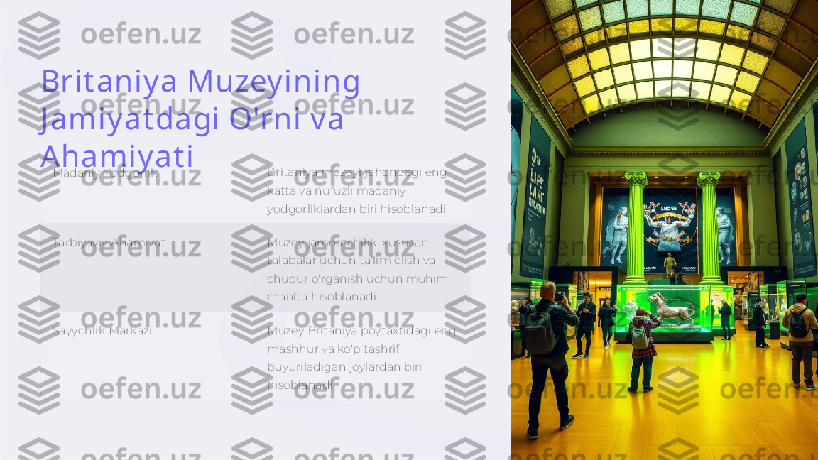 Brit aniy a Muzey ining 
J amiy at dagi O'rni v a 
Ahamiy at i
Madaniy Yodgorlik Britaniya muzeyi jahondagi eng 
katta va nufuzli madaniy 
yodgorliklardan biri hisoblanadi.
Tarbiyaviy Ahamiyat Muzey jamoatchilik, xususan, 
talabalar uchun ta'lim olish va 
chuqur o'rganish uchun muhim 
manba hisoblanadi.
Sayyohlik Markazi Muzey Britaniya poytaxtidagi eng 
mashhur va ko'p tashrif 
buyuriladigan joylardan biri 
hisoblanadi.     