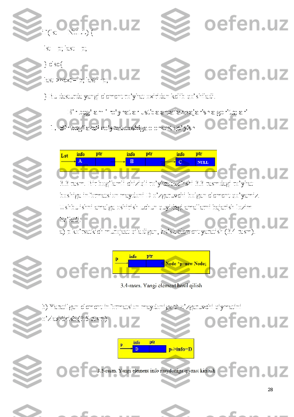 if (lst == NULL) {
 lst = p; last = p;
 } else{
 last->next = p; last = p;
 } Bu dasturda yangi element ro’yhat oxiridan kelib qo’shiladi.
Bir bog’lamli ro’yhatlar ustida amallar bajarish algoritmlari
1. Bir bog’lamli ro’yhat boshiga element qo’yish
3.3-rasm. Bir bog’lamli chiziqli ro’yhat tuzilishi 3.3-rasmdagi ro’yhat 
boshiga informatsion maydoni D o’zgaruvchi bolgan element qo’yamiz. 
Ushbu ishni amalga oshirish uchun quyidagi amallarni bajarish lozim 
bo’ladi: 
a) p ko’rsatkich murojaat qiladigan, bo’sh element yaratish (3.4-rasm).
          
b) Yaratilgan element informatsion maydoniga D o’zgaruvchi qiymatini 
o’zlashtirish (3.5-rasm)
28 