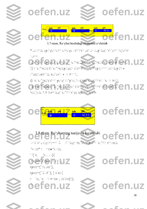 Yuqorida aytilganlarni amalga oshirish uchun quyidagi ishlarni bajarish 
lozim:
 a) o’chirilayotgan elementni ko’rsatuvchi p ko’rsatkich kiritish: p=lst; 
b) p ko’rsatkich ko’rsatayotgan element info maydonini qandaydir x 
o’zgaruvchida saqlash: x=p->info; 
c) lst ko’rsatkichni yangi ro’yhat boshiga ko„chirish: lst=p->ptr;
 d) p ko’rsatkich ko’rsatayotgan elementni o’chirish: delete(p); 
Natijada 3.8-rasmdagi ko’rinishga ega bo’lamiz.
Endi shu algoritmni C++ tilidagi realizatsiyasini ko’rib chiqsak.
 Node* p = new Node; 
if (lst == NULL){
 cout<<"ro'yhat bo'sh"; 
system("pause"); 
system("CLS"); } else { 
p = lst; lst = p->next ; delete(p);
 }
30 