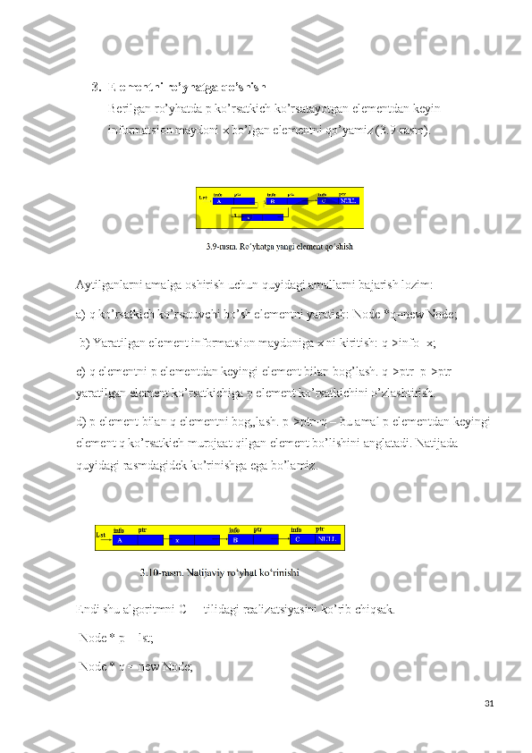 3. Elementni ro’yhatga qo’shish 
Berilgan ro’yhatda p ko’rsatkich ko’rsatayotgan elementdan keyin 
informatsion maydoni x bo’lgan elementni qo’yamiz (3.9-rasm).
          
Aytilganlarni amalga oshirish uchun quyidagi amallarni bajarish lozim: 
a) q ko’rsatkich ko’rsatuvchi bo’sh elementni yaratish: Node *q=new Node;
 b) Yaratilgan element informatsion maydoniga x ni kiritish: q->info=x; 
c) q elementni p elementdan keyingi element bilan bog’lash. q->ptr=p->ptr – 
yaratilgan element ko’rsatkichiga p element ko’rsatkichini o’zlashtirish. 
d) p element bilan q elementni bog„lash. p->ptr=q – bu amal p elementdan keyingi 
element q ko’rsatkich murojaat qilgan element bo’lishini anglatadi. Natijada 
quyidagi rasmdagidek ko’rinishga ega bo’lamiz.
Endi shu algoritmni C++ tilidagi realizatsiyasini ko’rib chiqsak.
 Node * p = lst;
 Node * q = new Node; 
31 