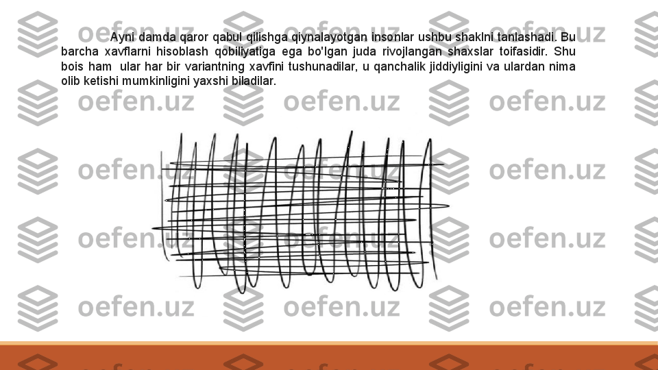 Ayni damda qaror qabul qilishga qiynalayotgan insonlar ushbu shaklni tanlashadi. Bu 
barcha  xavflarni  hisoblash  qobiliyatiga  ega  bo'lgan  juda  rivojlangan  shaxslar  toifasidir.  Shu 
bois  ham  ular  har  bir  variantning  xavfini  tushunadilar,  u  qanchalik  jiddiyligini  va  ulardan  nima 
olib ketishi mumkinligini yaxshi biladilar. 