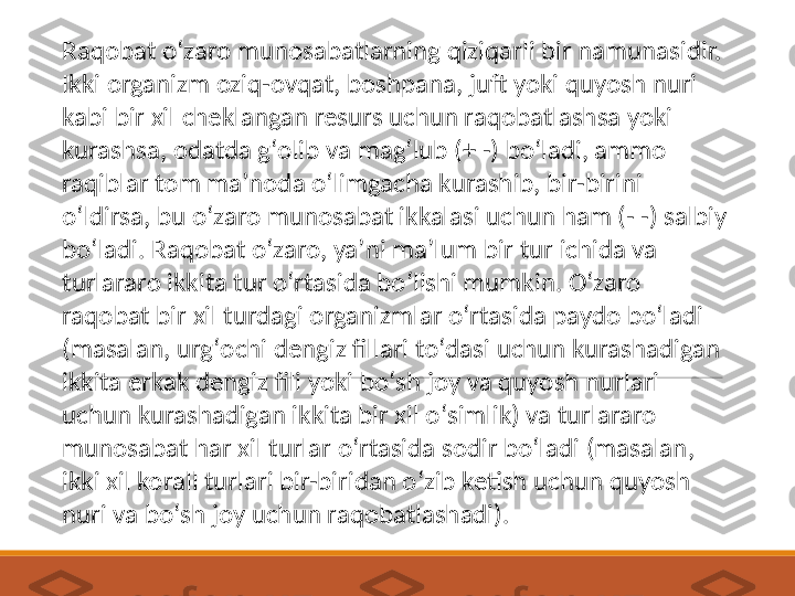 Raqobat oʻzaro munosabatlarning qiziqarli bir namunasidir. 
Ikki organizm oziq-ovqat, boshpana, juft yoki quyosh nuri 
kabi bir xil cheklangan resurs uchun raqobatlashsa yoki 
kurashsa, odatda gʻolib va   magʻlub (+ -) boʻladi, ammo 
raqiblar tom maʼnoda oʻlimgacha kurashib, bir-birini 
oʻldirsa, bu oʻzaro munosabat ikkalasi uchun ham (- -) salbiy 
boʻladi. Raqobat oʻzaro, yaʼni maʼlum bir tur ichida va 
turlararo ikkita tur oʻrtasida boʻlishi mumkin. Oʻzaro 
raqobat bir xil turdagi organizmlar oʻrtasida paydo boʻladi 
(masalan, urgʻochi dengiz fillari toʻdasi uchun kurashadigan 
ikkita erkak dengiz fili yoki boʻsh joy va quyosh nurlari 
uchun kurashadigan ikkita bir xil oʻsimlik) va turlararo 
munosabat har xil turlar oʻrtasida sodir boʻladi (masalan, 
ikki xil korall turlari bir-biridan oʻzib ketish uchun quyosh 
nuri va boʻsh joy uchun raqobatlashadi). 