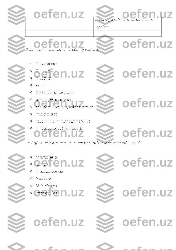 touching two NFC-enabled phones 
together.
Mobil qurilmalar uchun dasturiy vositalar
 Touchscreen
 Cellular
 Bluetooth
 Wi-Fi
 GPS mobile navigation
 camera, video camera
 speech recognition, voice recorder
 music player
 near field communication (NFC)
 infrared blaster (IR blaster).
Hozirgi kunda Android  qurilmalarning jahon bozoridagi turlari
 Smartphones
 Tablets
 E-reader devices
 Netbooks
 MP4 players
 Internet TVs 