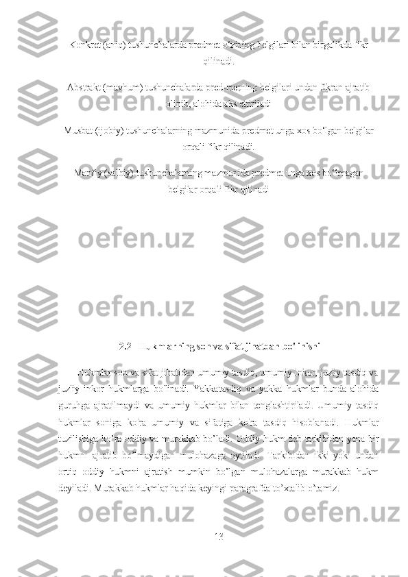 Konkret (aniq) tushunchalarda predmet o‘zining belgilari bilan birgalikda fikr
qilinadi.
Abstrakt (mavhum) tushunchalarda pred-metning belgilari undan fikran ajratib
olinib, alohida aks ettiriladi
Musbat (ijobiy) tushunchalarning mazmunida predmet unga xos bo‘lgan belgilar
orqali fikr qilinadi.
Manfiy (salbiy) tushunchalarning mazmunida predmet unga xos bo‘lmagan
belgilar orqali fikr qilinadi
 2.2   Hukmlarning son va sifat jihatdan bo'linishi
       Hukmlar son va sifat jihatidan umumiy tasdiq, umumiy inkor, juz'iy tasdiq va
juz'iy   inkor   hukmlarga   bo'linadi.   Yakkatasdiq   va   yakka   hukmlar   bunda   alohida
guruhga   ajratilmaydi   va   umumiy   hukmlar   bilan   tenglashtiriladi.   Umumiy   tasdiq
hukmlar   soniga   ko'ra   umumiy   va   sifatiga   ko'ra   tasdiq   hisoblanadi.   Hukmlar
tuzilishiga ko’ra oddiy va murakkab bo’ladi. Oddiy hukm deb tarkibidan yana bir
hukmni   ajratib   bo’lmaydigan   mulohazaga   aytiladi.   Tarkibidan   ikki   yoki   undan
ortiq   oddiy   hukmni   ajratish   mumkin   bo’lgan   mulohazalarga   murakkab   hukm
deyiladi. Murakkab hukmlar haqida keyingi paragrafda to’xtalib o’tamiz.
13 