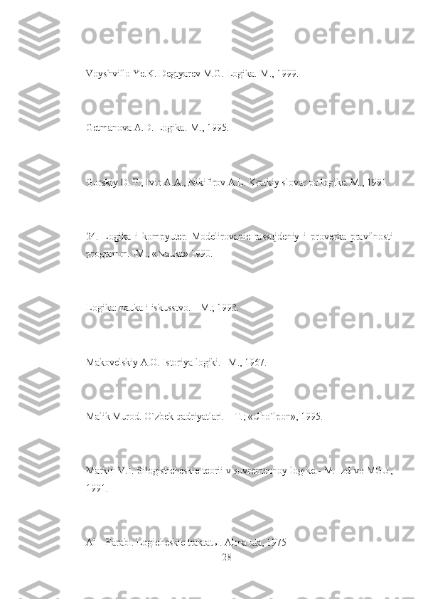 Voyshvillo Ye.K. Degtyarev M.G. Logika.-M., 1999.
Getmanova A.D. Logika.-M., 1995.
Gorskiy D. P., Ivin A.A., Nikifirov A.L. Kratkiy slovar po logike. M., 1991.
24.   Logika   i   kompyuter.   Modelirovanie   rassujdeniy   i   proverka   pravilnosti
programm. -M.; «Nauka» 1990.
Logika: nauka i iskusstvo. – M.; 1993.
Makovelskiy A.O. Istoriya logiki. –M., 1967.
Malik Murod. O`zbek qadriyatlari. – T.; «Cho`lpon», 1995.
Markin V.I. Silogisticheskie teorii v sovremennoy logike.- M. Izd-vo MGU,
1991.
Al – Farabi. Logicheskie traktatы. Alma-ata, 1975
28 