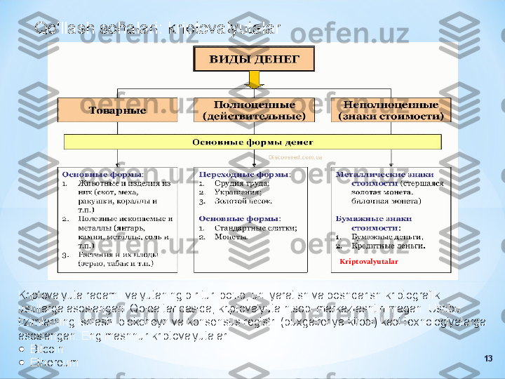 Qo'llash sohalari: kriptovalyutalar
Kriptovalyuta raqamli valyutaning bir turi bo'lib, uni yaratish va boshqarish kriptografik 
usullarga asoslangan. Qoida tariqasida, kriptovalyuta hisobi markazlashtirilmagan. Ushbu 
tizimlarning ishlashi blokcheyn va konsensus registri (buxgalteriya kitobi) kabi texnologiyalarga 
asoslangan. Eng mashhur kriptovalyutalar:
●
Bitcoin
●
Ethereum Kriptovalyutalar
13 