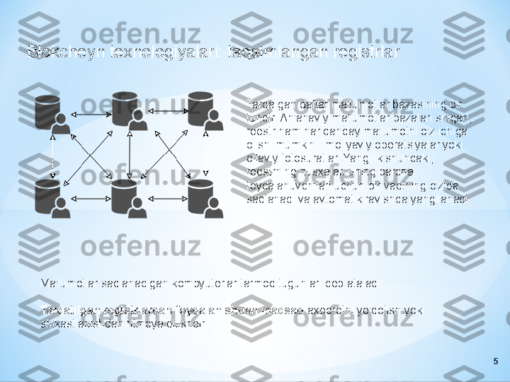 Blokcheyn texnologiyalari: taqsimlangan registrlar
Tarqalgan daftar ma'lumotlar bazasining bir 
turidir. An'anaviy ma'lumotlar bazalari singari, 
reestr ham har qanday ma'lumotni o'z ichiga 
olishi mumkin - moliyaviy operatsiyalar yoki 
oilaviy fotosuratlar. Yangilik shundaki, 
reestrning nusxalari uning barcha 
foydalanuvchilari uchun bir vaqtning o'zida 
saqlanadi va avtomatik ravishda yangilanadi.
5Ma'lumotlar saqlanadigan kompyuterlar tarmoq tugunlari deb ataladi.
Tarqatilgan registrlardan foydalanishdan maqsad  axborotni yo'qotish yoki 
shikastlanishdan himoya qilishdir. 