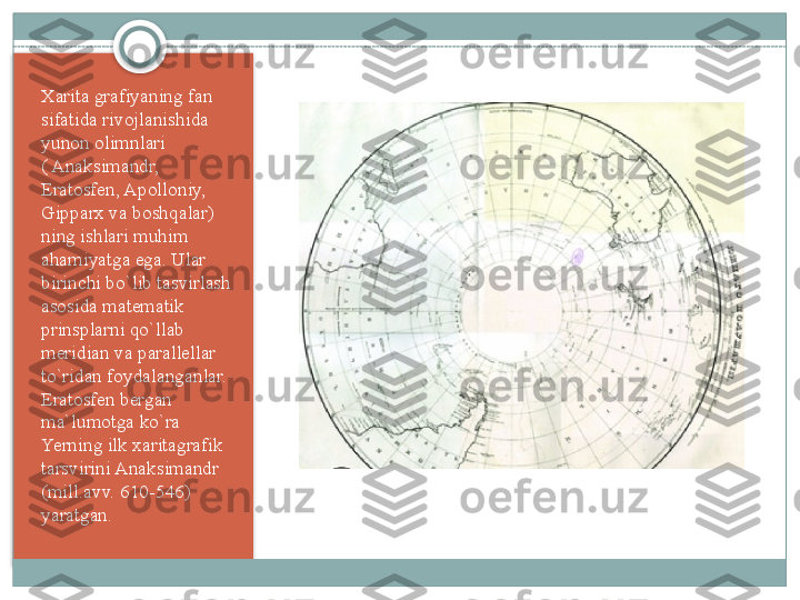 Xarita grafiyaning fan 
sifatida rivojlanishida 
yunon olimnlari 
( Anaksimandr, 
Eratosfen, Apolloniy, 
Gipparx va boshqalar) 
ning ishlari muhim 
ahamiyatga ega. Ular 
birinchi bo`lib tasvirlash 
asosida matematik 
prinsplarni qo`llab 
meridian va parallellar 
to`ridan foydalanganlar. 
Eratosfen bergan 
ma`lumotga ko`ra 
Yerning ilk xaritagrafik 
tarsvirini Anaksimandr 
(mill.avv. 610-546) 
yaratgan.     