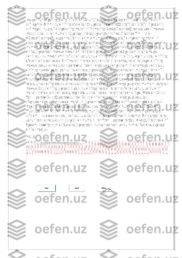 Istalgan funksiyaning grafigini kiritish uchun Graphics sinfiga tegishli DrawLine() metodini 
qo’llaymiz. Ammo bu sinfning a’zosidan (bu yerda DrawLine()) to’g’ridan-to’g’ri foydalanib 
bo’lmaydi. Bu grafik obyektning manzilini formaning CreateGraphics() deb ataluvchi maxsus 
metodi orqali olish mumkin. Quyidagi operator yozilgan bo’lsa: Graphics ^im = this-
>CreateGraphics(); kutgan natijani olishimiz mumkin. (Metod grafik obyektning manzilini 
shakllantiradi) Endi Graphics tipi orqali Graphics sinfining a’zolari haqida ma’lumot olishimiz 
mumkin. (DrawLine() metodi – ikki nuqtadan o’tuvchi to’g’ri chiziqni chizadi.) Chizishlar 
sinfda joylashgan maxsus mexanizm Pen (pero yoki peroli ruchka) yordami bilan amalga 
oshiriladi. Bu mexanizmni to’ldirish uchun, bu sinfning manzilini kiritib, keyin u orqali sinfning 
a’zosini aniqlash kerak. Sinf manzilini shakllantirish o’zi bilan emas, balki har qaysi sinfning 
maxsus dastur-konsktruktori gcnew utilitasini ishga tushirish yordami bilan amalga oshiriladi, 
sinfning nusxasi yaratilgan utilita xotirada joylashtirilib, ishni boshqarishi mumkin. Pen sinfi 
uchun Konstruktor birgina parametrga (rang) ega bo’lib, bu chiziqning rangini aniqlaydi. 
Shunday ekan, Pen sinfining konstruktori bilan ishlashdan oldin, avval rangni aniqlab olish 
kerak, undan so’ng esa bu konstruktorning parametr sifatlarini ishga yurgizish mumkin. Ranglar 
maxsus Color sinfida joylashtirilgan. Bu sinfdagi kerakli rangni qo’shish uchun, ushbu sinf 
manzilini shakllantirish kerak, keyin esa u orqali kerakli rangni tanlash kifoya. Masalan: Color 
^col = gcnew Color(); gcnew utilitasi Color sinf konstruktorini ishga yurgizadi, col 
o’zgruvchisiga uning nusxasi manzilini joylashtiradi va xotiraga sinf nusxasini shakllantiradi. 
Keyin biz istalgan rangni quyidagi murojaat orqali qo’shishimiz mumkin bo’ladi: “col->”; 
Yuqoriga kodni kiritishimiz bilanoq bizda muhit qo’llabquvvatlashi mumkin bo’lgan ranglar 
to’plami Подсказчтк orqali beriladi. Ulardan birini tanlab tugmasini bosamiz. Aniqlangan rang 
uchun pero konstruktorini joriy qilish mumkin: Pen ^pen = gcnew Pen(col->Red); Graphics sinfi
System.Drawing nomlar fazosida joylashgan. Bundan tashqari ushbu nomlar fazosida quyidagi 
sinflar mavjud
Natija  