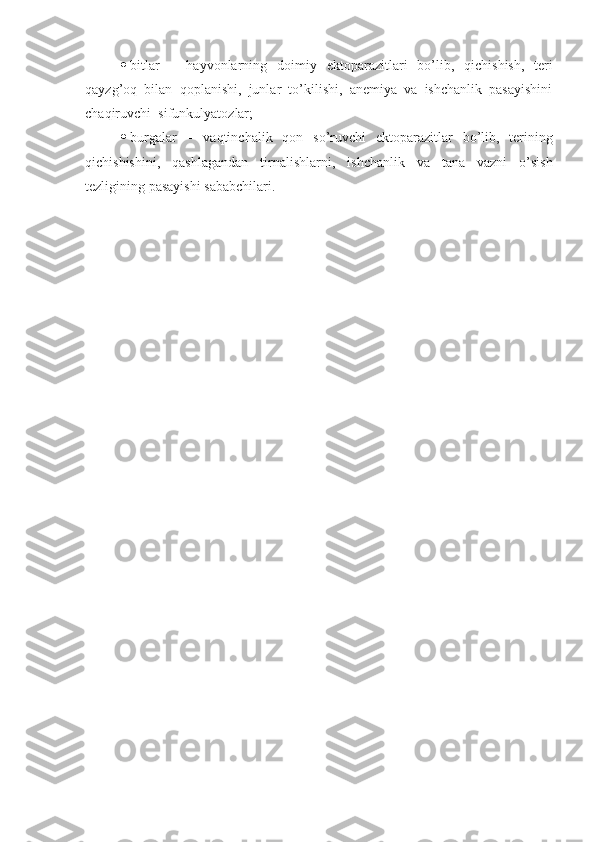  bitlar   –   hayvonlarning   doimiy   ektoparazit lari   bo’lib ,   qichishish,   teri
qayzg’oq   bilan   qoplanishi,   junlar   to’kilishi,   anemiya   va   ishchanlik   pasayishini
chaqiruvchi   sifunkulyatoz lar ;
 burgalar   –   vaqtinchalik   qon   so’ruvchi   ektoparazit lar   bo’lib ,   terining
qichishishini ,   qashlagandan   tirnalishlarni ,   ishchanlik   va   tana   vazni   o’sish
tezligining pasayishi sababchilari.   
