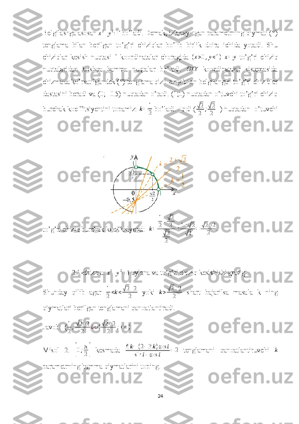 Belgilashga asosan 
x 2
+ y 2
= 1 bo’ladi. Demak, izlanayotgan parametrning qiymati (*)
tenglama   bilan   berilgan   to’g’ri   chiziqlar   bo’lib   birlik   doira   ichida   yotadi.   Shu
chiziqlar   kesish   nuqtasi   1-koordinatalar   choragida  (x>0,y<1)  	x=	y   to’g’ri   chiziq
nuqtalaridan   boshqa   hamma   nuqtalar   bo’ladi.   OXY
  koordinatalar   sistemasida
chizmada ko’rsatilgandek (*) tenglama qizil rang bilan belgilangan to’g’ri chiziqlar
dastasini beradi va (0; -0.5) nuqtadan o’tadi. (1;0) nuqtadan o’tuvchi to’g’ri chiziq
burchak koeffitsiyentini topamiz:   k = 1
2  bo’ladi. Endi (	
√ 2
2 ;	√ 2
2    ) nuqtadan  o’tuvchi
to’g’ri chiziq burchak koeffitsiyenti:   k = 1
2 +	
√ 2
2
√
2
2 = 1 +	
√ 2
√
2 =	
√ 2 + 2
2 .
   
         
2.1-chizma. 	
x2+y2=1  aylana va to‘g‘ri chiziq kesishishi grafigi. 
Shunday   qilib   agar   1
2 < k <
√ 2 + 2
2   yoki   k >	√ 2 + 2
2   shart   bajarilsa   masala   k   ning
qiymatlari berilgan tenglamani qanoatlantiradi.
Javob:  ( 1
2 ;	
√ 2 + 2
2 ¿ ∪ (	√ 2 + 2
2 ; + ∞ )
Misol   2.  	
[0;π
2]   kesmada  	
6k−(2−3k)cos	t	
sin	t−cos	t	=2   tenglamani   qanoatlantiruvchi  	k
parametrning hamma qiymatlarini toping.
24 