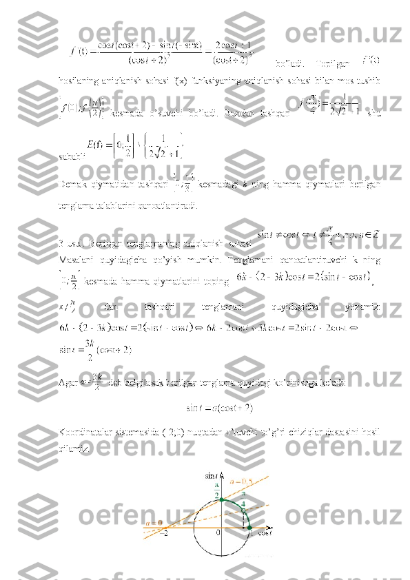       bo’ladi.   Topilgan  
hosilaning  aniqlanish  sohasi  f(x)   funksiyaning  aniqlanish  sohasi   bilan mos  tushib[
f	( 0	) ; f	( π
2	)]
  kesmada   o’suvchi   bo’ladi.   Bundan   tashqari     shu
sababli  
Demak   qiymatidan   tashqari  	
[ 0 ; 1
3	]   kesmadagi  	k   ning   hamma   qiymatlari   berilgan
tenglama talablarini qanoatlantiradi. 
3-usul.   Berilgan   tenglamaning   aniqlanish   sohasi  
Masalani   quyidagicha   qo’yish   mumkin.   Tenglamani   qanoatlantiruvchi   k   ning	
[
0 ; π
2	]   kesmada   hamma   qiymatlarini   toping     ,    
x ≠ π
4   dan   tashqari   tenglamani   quyidagicha   yozamiz:
Agar  a = 3 k
2   deb belgilasak berilgan tenglama quyidagi ko’rinishga keladi: 
Koordinatalar sistemasida (-2;0) nuqtadan o’tuvchi to’g’ri chiziqlar dastasini hosil
qilamiz. 
26 