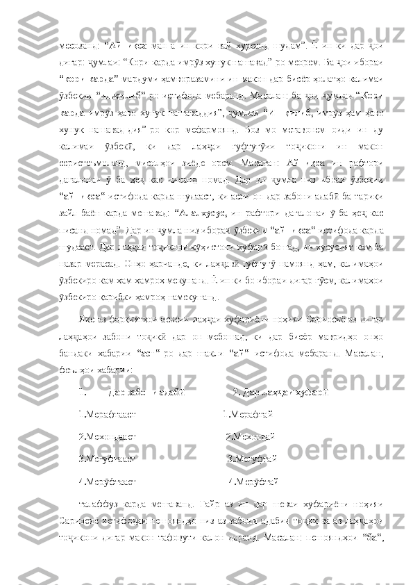 месозанд:   “Айниқса   ман   а   ин   кори   вай   хурсанд   шудам”.   Ё   ин   ки   дар   оиҷ
дигар:  умлаи: “Кори карда имр з хунук нашавад”	
ҷ ӯ - ро меорем. Ба  ои ибораи	ҷ
“кори карда”  мардуми ҳамворазамини ин макон дар бисёр ҳолатҳо калимаи
збекии  	
ӯ “ишқилиб” -ро истифода мебаранд.  Масалан:  ба  ои  умлаи “	ҷ ҷ Кори
карда   имр з   ҳаво   хунук   нашаваддия”,   умлаи  	
ӯ ҷ “Ишқилиб,   имр з   ҳам   ҳаво	ӯ
хунук   нашавад-дия”-ро   кор   мефармоянд.   Боз   мо   метавонем   оиди   ин   ду
калимаи   збек ,   ки   дар   лаҳ аи   гуфтуг ии   то икони   ин   макон	
ӯ ӣ ҷ ӯ ҷ
серистеъмоланд,   мисолҳои   зиёде   орем.   Масалан:   Айниқса   ин   рафтори
дағалонаи     ба   ҳе   кас   писанд   номад.   Дар   ин   умла   низ   ибоаи   збекии
ӯ ҷ ҷ ӯ
“айниқса”   истифода карда шудааст, ки асли он дар забони адаб  ба тариқи	
ӣ
зайл   баён   карда   мешавад:   “Алалхусус,   ин   рафтори   дағалонаи     ба   ҳе   кас
ӯ ҷ
писанд номад”. Дар ин  умла низ ибораи  збекии 	
ҷ ӯ “айниқса”  истифода карда
шудааст. Дар лаҳ аи то икони к ҳистони хуфар  бошад, ин хусусият кам ба	
ҷ ҷ ӯ ӣ
назар  мерасад.  Онҳо ҳарчанде,   ки лаҳ ав  гуфтуг   намоянд  ҳам,  калимаҳои	
ҷ ӣ ӯ
збекиро кам ҳам ҳамроҳ мекунанд. Ё ин ки бо ибораи дигар г ем, калимаҳои	
ӯ ӯ
збекиро қарибки ҳамроҳ намекунанд. 
ӯ
Яке аз фарқиятҳои асосии лаҳ аи хуфариёни ноҳияи Сариосиё аз дигар	
ҷ
лаҳ аҳои   забони   то ик   дар   он   мебошад,   ки   дар   бисёр   мавридҳо   онҳо	
ҷ ҷ ӣ
бандаки   хабарии   “аст” -ро   дар   шакли   “ай”   истифода   мебаранд.   Масалан,
феълҳои хабарии:
1. Дар забони адаб                     2. Дар лаҳ аи хуфар	
ӣ ҷ ӣ
1. Мерафтааст                                     1. Мерафтай 
2. Мехондааст                                      2. Мехондай
3. Мегуфтааст                                       3. Мегуфтай
4. Мер фтааст                                      	
ӯ 4. Мер фтай	ӯ
талаффуз   карда   мешаванд.   Ғайр   аз   ин   дар   шеваи   хуфариёни   ноҳияи
Сариосиё   истифодаи   пешояндҳо   низ   аз   забони   адабии   то ик   ва   аз   лаҳ аҳои	
ҷ ҷ
то икони   дигар   макон   тафовути   калон   доранд.   Масалан:   пешояндҳои  	
ҷ “ба” , 