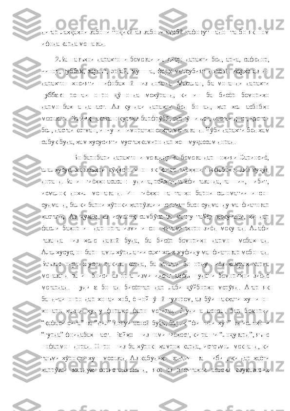 дигар   лаҳ аҳои   забони   то ик   аз   забони   адаб   тафовут   надошта   бо   як   номҷ ҷ ӣ ӣ
ифода карда мешавад. 
2. Ба   навъҳои   дарахтони   бемеваи   ин   диёр:   дарахти   бед,   арча,   сафедор,
чинор,   ғуббак,   заранг,   эрғай,   мушша,   фарк   мансубият   доранд.   Бархе   аз   ин
дарахтон   хосияти   шифобахш   низ   доранд.   Масалан,   ба   монанди   дарахти	
ӣ
ғуббак :   решаи   онро   шонда   мех ранд,   ки   ин   ба   бисёр   бемориҳо	
ҷӯ ӯ
дармонбахшанда   аст.   Аз   кундаи   дарахти   бед   бошад,   ҳар   хел   асбобҳо
месозанд. Ба инҳо асосан: курраи барфр б , сарп ши дег, дастаи дост, дастаи	
ӯ ӣ ӯ
бел, дастаи кетман, инчунин иморатҳо сохта мешаванд. Ч би дарахти бед ҳам	
ӯ
сабук буда, ҳам хусусияти мустаҳкамиро дар хеш му ассам дорад. 	
ҷ
              Бо   баробари   дарахтони   мевадор   ва   бемева   дар   ноҳияи   Сариосиё,
алалхусус,   мавзеъҳои   к ҳистони   он   як   қатор   гиёҳҳои   шифобахш   низ   ву уд	
ӯ ҷ
доранд. Ба  ин гиёҳҳо асасан: пудина, райҳон, алафи газанда, гашнич, шибит,
исмалоқ   дохил   мешаванд.   Ин   гиёҳҳо   на   танҳо   барои   саломатии   инсон
судманд, балки барои х роки ҳарр заи инсоният басо судманду манфиатовар
ӯ ӯ
ҳастанд.   Аз   умла,   аз   исмалоқ   самб са   ва   манту   тайёр   мекунанд,   ки   дар	
ҷ ӯ
фасли   баҳор   ин   дар   организми   инсон   витаминҳоро   зиёд   мекунад.   Алафи
газанда   низ   хеле   даво   буда,   ба   бисёр   бемориҳо   дармон   мебахшад.	
ӣ
Алалхусус, он бар шамолх рдлагии сахт хеле муфиду манфиатовар мебошад.
ӯ
Баъзан   онро   шуста   покиза   карда,   ба   атолаи   бо   орду   пиёз   ҳамроҳ   карда
мепазанд   ва   ин   боиси   аз   организми   инсон   дафъ   шудани   бемориҳои   зиёде
мегардад.   Пудина   бошад   бисёртар   дар   лаби   йборҳо   мер яд.   Агар   як	
ҷӯ ӯ
бандчаи   онро   дар   хонаи   хоб,   ё   чойн ш   гузорем,   аз   б и   накҳати   хуши   он	
ӯ ӣ ӯ
хонаро   ҳавои   хушу   фораме   фаро   мегирад.   Пудина   асосан   бар   бемории
“қафаси сина” ва “дил” доруи асос  буда, барои “фишори хун” ва ислоҳоти	
ӣ
“гурда” фоидабахш аст.   Райҳон  низ номи гиёҳест, ки ранги “ло увард”, яъне	
ҷ
нофармон   дорад.   Онро     низ   ба   х рок   -ҳамроҳ   карда,   истеъмол   мекнанд,   ки	
ӯ
таъми   х рокро   хуш   месозад.   Аз   кабудиҳо  	
ӯ гашнич   ва   шибит ,   ки   дар   ҳаёти
ҳарр заи   мардум   серистеъмоланд,   яке   аз   воситаҳои   асосии   озуқавории	
ӯ 