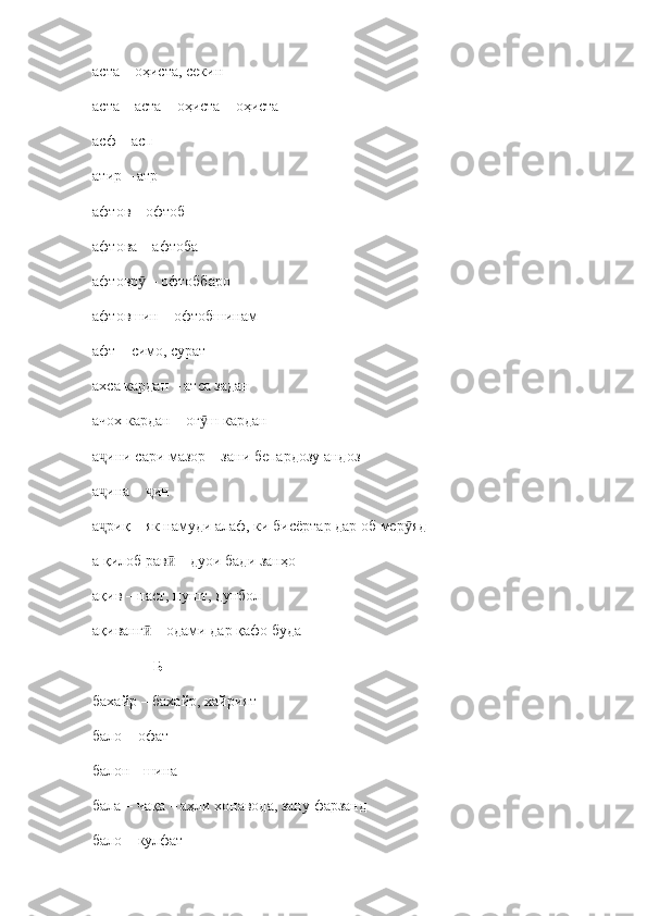 аста  –  оҳиста, секин 
аста  –  аста  –  оҳиста  –  оҳиста
асф  –  асп 
атир  –  атр
афтов  –  офтоб
афтова – афтоба 
афтовр  – офтоббароӯ
афтовшин – офтобшинам
афт  –  симо, сурат
ахса кардан  –  атса задан
ачох кардан  –  оғ ш кардан	
ӯ
а ини сари мазор 	
ҷ –  зани бепардозу андоз
а ина –  ин
ҷ ҷ
а риқ – як намуди алаф, ки бисёртар дар об мер яд
ҷ ӯ
а қилоб рав  	
ӣ –  дуои бади занҳо 
ақив  –  паст, пушт, дунбол
ақиванг  	
ӣ –  одами дар қафо буда 
                 Б
бахайр  –  бахайр, хайрият
бало  –  офат
балон  -  шина
бала  –  чақа  –  аҳли хонавода, зану фарзанд
бало  –  кулфат  