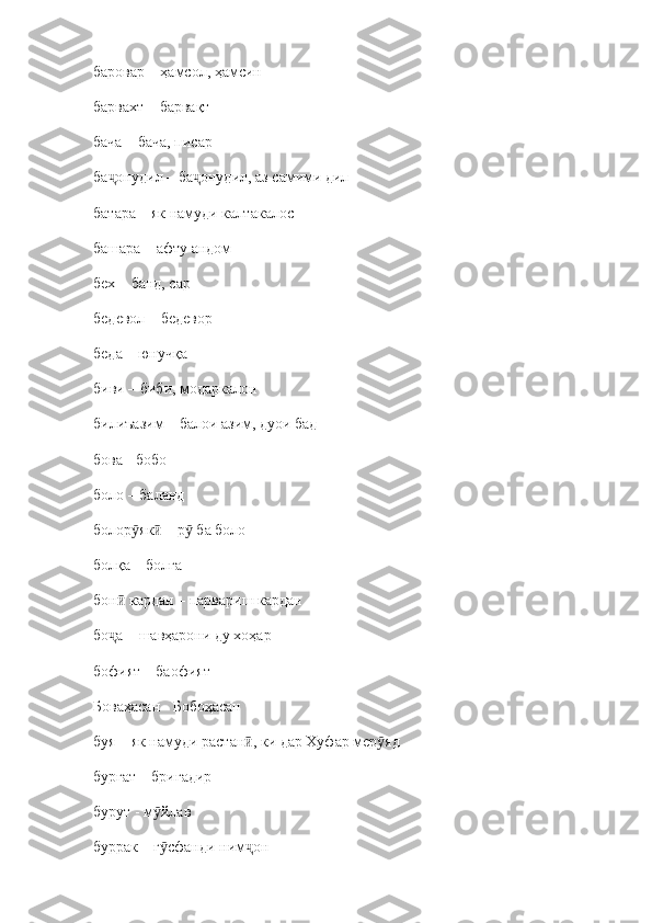 баровар  –  ҳамсол, ҳамсин
барвахт  –  барвақт
бача  –  бача, писар
ба онудил ҷ –  ба онудил, аз самими дил	ҷ
батара  –  як намуди калтакалос
башара  –  афту андом
бех  –  банд, сар
бедевол  –  бедевор
беда  –  юнучқа
биви  –  биби, модаркалон
билиъазим  –  балои азим, дуои бад
бова  -  бобо
боло  –  баланд
болор як  	
ӯ ӣ –  р  ба боло	ӯ
болқа  –  болға
бон  кардан 	
ӣ –  парвариш кардан
бо а 
ҷ –  шавҳарони ду хоҳар
бофият  –  баофият
Боваҳасан  -  Бобоҳасан
буя  –  як намуди растан , ки дар Хуфар мер яд	
ӣ ӯ
бургат  –  бригадир
бурут  -  м йлав	
ӯ
буррак  –  г сфанди ним он
ӯ ҷ 