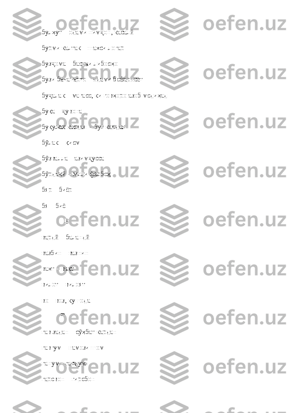 булҳут  –  одами ним он, касалҷ ӣ
бурми калтак  –  шахси лоғар
буз ома 	
ҷ –  бастаи либосҳо 
бузи бачапарто  –  одами бефаросат
бу алак 
ҷ –  магасе, ки говҳоро азоб медиҳад
буқа  –  увона 	
ҷ
буқулак кардан  –  буғ кардан
б лак – қисм 	
ӯ
б звалла – азим усса
ӯ ҷ
б рдоқ  – моли фарбеҳ
ӯ ӣ
бяр  –  биёр
бя  –  биё
              В
вард  	
ӣ –  баланд	ӣ
вазбин  –  вазнин
вахт  –  вақт
вилот  –  вилоят
во  –  воз, кушода 
            Г
гав задан  –  с ҳбат кардан	
ӯ
гавгум  –  намози шом
ганум  -  гандум
гаревон  –  гиребон 