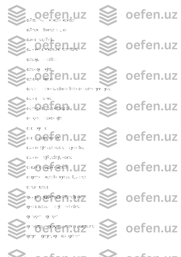 қайсангил – хоҳари ҳамсар
қайтам  –  беҳтар он, ки
қазиқ  -  а ойибҷ
қалимчоқ – ҳавола партофтан
қаравул – посбон
қарачқу – х са	
ӯ
қарқин  –  чиркин
қағдон – номи алафҳои борики пасти гумшуда
қилиқ – нағма
қилтириқ – одами хароб
қин ир – шахси к р	
ҷ ӯ
қоқ – хушк
қоқ – одами хароб
қоливи р т дар часпа – дуои бад	
ӯ
қоливи – р й, абр , чеҳра	
ӯ ӯ
қоқалоқ – одами хароб
қоқурти – хароби мурдан , лоғар	
ӣ
қоғаз- варақ
қуллуқ – муборакбод , табрикот	
ӣ
қучоқ кардан – оғ ш гирифтан	
ӯ
кунъ ит – кун ит 	
ҷ ҷ
кунъ ора – кун ора, пасмондаи равған
ҷ ҷ
қурут – қурут, хушкаи  урғот	
ҷ 