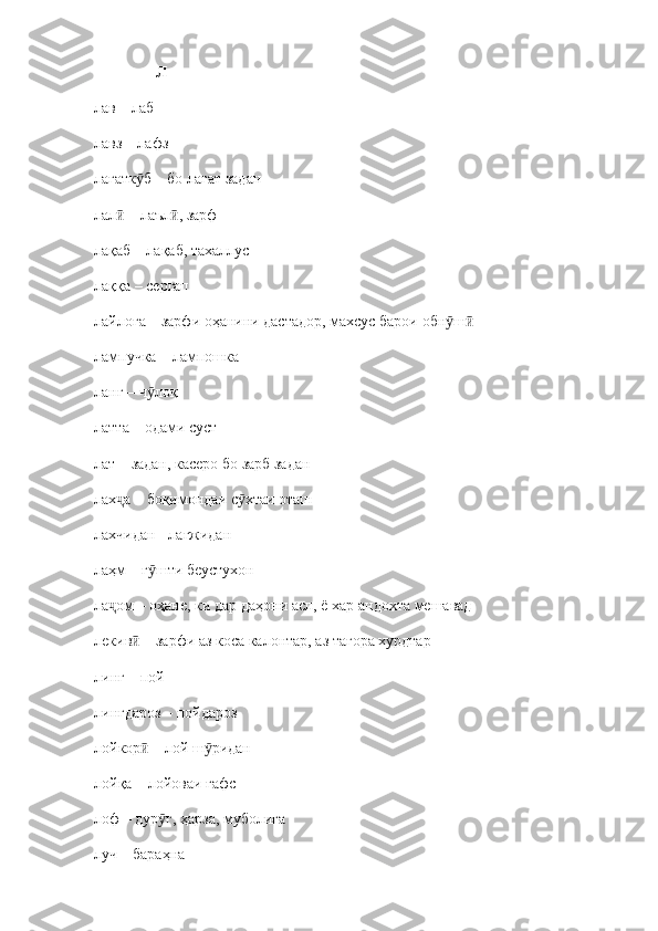                  Л
лав – лаб
лавз – лафз
лағатк б – бо лағат заданӯ
лал  – лаъл , зарф	
ӣ ӣ
лақаб – лақаб, тахаллус
лаққа – сергап
лайлоға – зарфи оҳанини дастадор, махсус барои обн ш	
ӯ ӣ
лампучка  –  лампошка
ланг  –  ч лоқ	
ӯ
латта  –  одами суст
лат  –  задан, касеро бо зарб задан
лах а – боқимондаи с хтаи оташ	
ҷ ӯ
лахчидан - лағжидан
лаҳм – г шти беустухон	
ӯ
ла ом – оҳане, ки дар даҳони асп, ё хар андохта мешавад	
ҷ
лекив  	
ӣ –  зарфи аз коса калонтар, аз тағора хурдтар
линг  – пой
лингдароз  –  пойдароз
лойкор  
ӣ –  лой ш ридан	ӯ
лойқа – лойоваи ғафс
лоф – дур ғ, ҳарза, муболиға	
ӯ
луч – бараҳна 