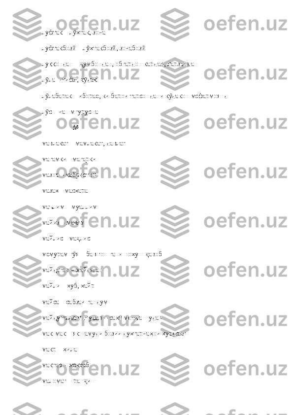 луфтак – л хтак, зочаӯ
луфтакбоз  – л хтакбоз , зочабоз
ӣ ӯ ӣ ӣ
луққондан –  умбондан, обгардон кардан, ларзондан	
ҷ
л ла – тифл, к дак	
ӯ ӯ
л лабарак 
ӯ –  иборае, ки барои тарсондани к дакон мефармоянд	ӯ
л с 	
ӯ –  чашмгурусна
                   М
мавлакат  –  мамлакат, давлат
магамки  -  магарки
мазор  –  қабристон
мазах  -  масхара
маълим – муаллим
майиз – мавиз
майлис - ма лис	
ҷ
мемурам г я – ба ягон гапи нохуш  авоб
ӯ ҷ
майдагав  –  майдагап
майли  –  хуб, хайр
майса  –  сабзаи гандум
майду талқон шудан  –  сахт монда шудан
мак-мак  –  як намуди бозии духтарчаҳои хурдсол
макр  –  ҳила
мактав  –  мактаб
маломат  –  ран иш	
ҷ 