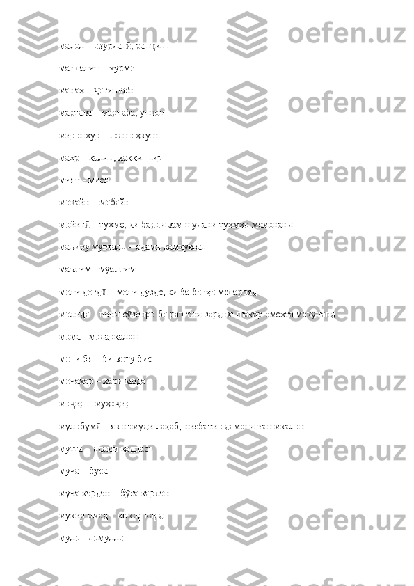 малол – озурдаг , ран ишӣ ҷ
мандалин – хурмо
манаҳ –  оғи поён	
ҷ
мартава  –  мартаба, унвон 
миронхур  -  подшоҳкуш
маҳр – қалин, ҳаққи шир
миян  -  миён
мовайн  –  мобайн
мойиг  	
ӣ –  тухме, ки барои зам шудани тухмҳо мемонанд
маъиву мувтало  –  одами камқувват 
маълим  -  муаллим
моли доғд  	
ӣ –  моли дузде, ки ба боғҳо медарояд
молида  –  нони с зонро бо равғани зард ва шакар омехта мекунанд	
ӯ
мома  -  модаркалон
мони бя  –  бигзору биё
мочахар – хари мода
мо ир – муҳо ир	
ҷ ҷ
мулобум  – як намуди лақаб, нисбати одамони чашмкалон	
ӣ
мутта  –  одами қадпаст
муча  –  б са
ӯ
муча кардан  –  б са кардан	
ӯ
мукир омад  –  инкор кард
муло - домулло 