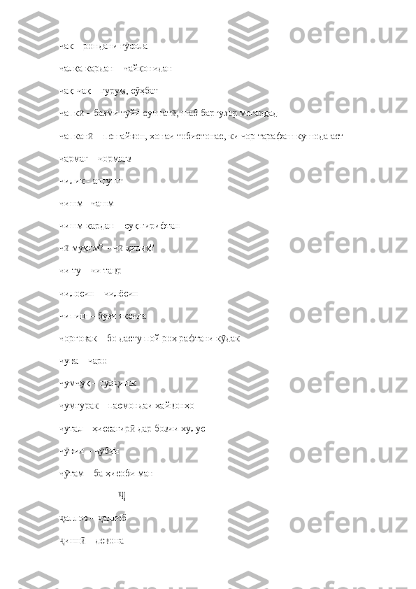 чак  –  рондани г солаӯ
чалқа кардан – чайқонидан
чақ-чақ – гурум, с ҳбат 	
ӯ
чапк  – базми т йи суннат , шаб баргузор мегардад	
ӣ ӯ ӣ
чапкан  – пешайвон, хонаи тобистонае, ки чор тарафаш кушода аст	
ӣ
чармағ – чормағз
чилик - ангушт
чишм –чашм
чишм кардан – суқ гирифтан
ч  муқом? – ч  қилиқ?	
ӣ ӣ
чи ту  –  чи тавр
чилосин  –  чилёсин
чипиш  –  бузи яксола
чорғовак  –  бо дасту пой роҳ рафтани к дак	
ӯ
чува – чаро
чумчуқ – гун ишк	
ҷ
чумгурак – пасмондаи ҳайвонҳо
чутал – ҳиссагир  дар бозии хулус	
ӣ
ч вин – ч бин	
ӯ ӯ
ч там – ба ҳисоби ман
ӯ
                         Ҷ
аллов –  аллоб
ҷ ҷ
инн  – девона
ҷ ӣ 