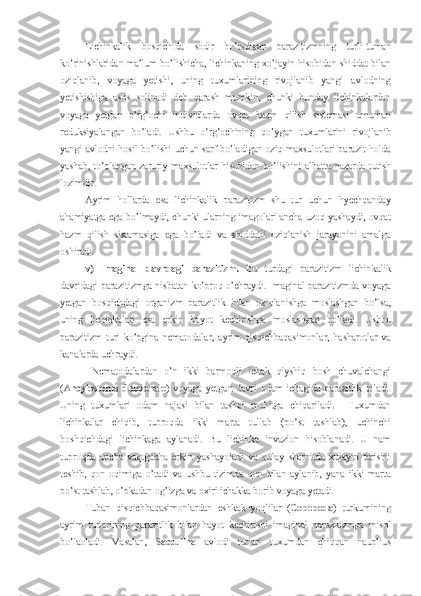 Lichinkalik   bosqichida   sodir   bo’ladigan   parazitizmning   turli-tuman
ko’rinishlaridan ma’lum bo’lishicha, lichinkaning xo’jayin hisobidan shiddat bilan
oziqlanib,   voyaga   yetishi,   uning   tuxumlarining   rivojlanib   yangi   avlodning
yetishishiga   asos   solinadi   deb   qarash   mumkin,   chunki   bunday   lichinkalardan
voyaga   yetgan   o’rg’ochi   individlarda   ovqat   hazm   qilish   sistemasi   umuman
reduksiyalangan   bo’ladi.   Ushbu   o’rg’ochining   qo’ygan   tuxumlarini   rivojlanib
yangi avlodni hosil bo’lishi uchun sarf bo’ladigan oziq maxsulotlari parazit holda
yashab,  to’plangan zaruriy maxsulotlar   hisobidan  bo’lishini  albatta  nazarda  tutish
lozimdir.
Ayrim   hollarda   esa   lichinkalik   parazitizm   shu   tur   uchun   hyechqanday
ahamiyatga ega bo’lmaydi, chunki ularning imagolari ancha uzoq yashaydi, ovqat
hazm   qilish   sistamasiga   ega   bo’ladi   va   shiddatli   oziqlanish   jarayonini   amalga
oshiradi.
v)   Imaginal   davrdagi   parazitizm.   Bu   turdagi   parazitizm   lichinkalik
davridagi parazitizmga nisbatan ko’proq o’chraydi. Imaginal parazitizmda voyaga
yetgan   bosqichdagi   organizm   parazitlik   bilan   oziqlanishga   moslashgan   bo’lsa,
uning   lichinkalari   esa   erkin   hayot   kechirishga   moslashgan   bo’ladi.   Ushbu
parazitizm   turi   ko’pgina   nematodalar,   ayrim   qisqichbaqasimonlar,   hasharotlar   va
kanalarda uchraydi.
  Nematodalardan   o’n   ikki   barmoqli   ichak   qiyshiq   bosh   chuvalchangi
( Ancylostoma   duodenale )   voyaga   yetgan   davri   odam   ichagida   parazitlik   qiladi.
Uning   tuxumlari   odam   najasi   bilan   tashqi   muhitga   chiqariladi.     Tuxumdan
lichinkalar   chiqib,   tuproqda   ikki   marta   tullab   (po’st   tashlab),   uchinchi
boshqichdagi   lichinkaga   aylanadi.   Bu   lichinka   invazion   hisoblanadi.   U   nam
tuproqda   ancha   vaqtgacha   erkin   yashayoladi   va   qulay   sharoitda   xujayin   terisini
teshib,   qon   oqimiga   o’tadi   va   ushbu   tizimda   qon   bilan   aylanib,   yana   ikki   marta
po’st tashlab, o’pkadan og’izga va oxiri ichakka borib voyaga yetadi.
Tuban   qisqichbaqasimonlardan   eshkakoyoqlilar   ( Copepoda )   turkumining
ayrim   turlarining   parazitlik   bilan   hayot   kechirishi   imaginal   parazitizmga   misol
bo’laoladi.   Masalan,   Sacculina   avlodi   turlari   tuxumdan   chiqqan   nauplius 