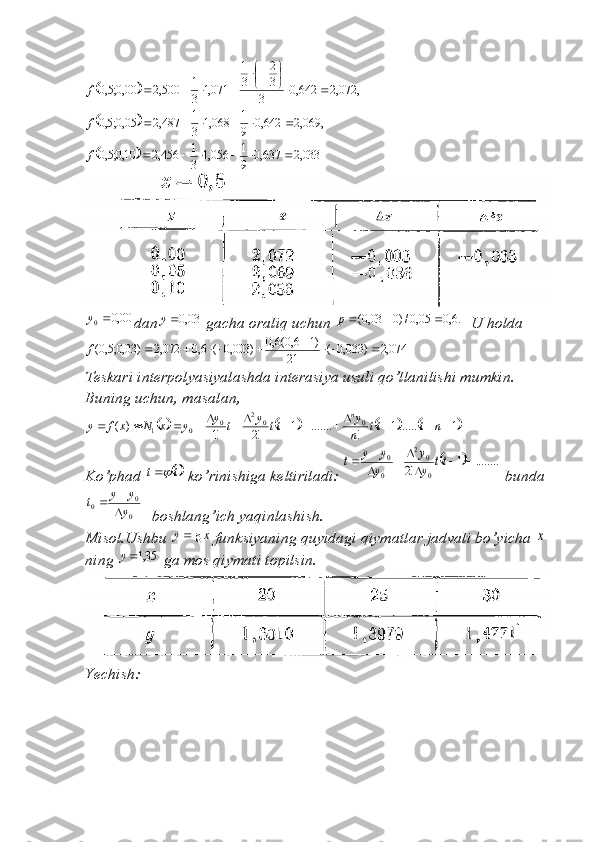 	,072,2642,0
3 32
31
071,1
31
500,200,0;5,0 




f	
		,	069,2	642,0	9
1	068,1	3
1	487,2	05,0;5,0							f
		033,2	637,0	9
1	056,1	3
1	456,2	10,0;5,0							f	
00,0	0	y
dan	03,0y  gacha oraliq uchun 	.6,0	05,0/)0	03,0(			p U holda	
074,2	)	033,0	(	21	
)1	6,0(6,0	)	003,0	(	6,0	072,2	)	03,0;5,0(								f
Teskari interpolyasiyalashda interasiya usuli qo’llanilishi mumkin. 
Buning uchun, masalan,	
							
1......1
!.......1
!2!1)( 002
0
01 


 nttt
n y
tty
ty
yxNxfy n
Ko’phad 	
t	t	  ko’rinishiga keltiriladi: 	
		........	1	!2	0
0	2	
0
0			
		
		tt	y
y	
y
y	y	t  bunda	
	
		
0
0	0	y
y	y	t
boshlang’ich yaqinlashish.
Misol.Ushbu 	
x	y	lg  funksiyaning quyidagi qiymatlar jadvali bo’yicha 	x  
ning 	
35,1y  ga mos qiymati topilsin.
Yechish:  