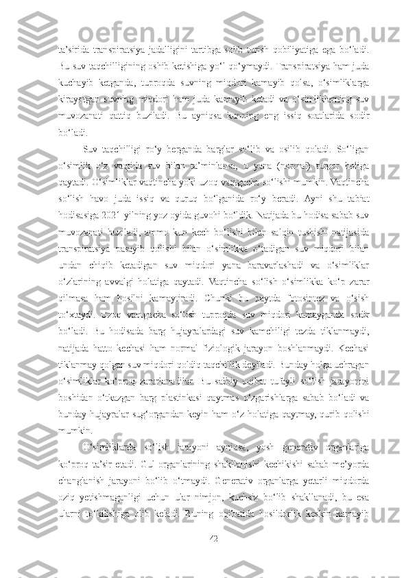 ta’sirida   transpiratsiya   jadalligini   tartibga   solib   turish   qobiliyatiga   ega   bo‘ladi.
Bu suv taqchilligining oshib ketishiga yo‘l qo‘ymaydi. Transpiratsiya ham juda
kuchayib   ketganda,   tuproqda   suvning   miqdori   kamayib   qolsa,   o‘simliklarga
kirayotgan   suvning   miqdori   ham   juda   kamayib   ketadi   va   o‘simliklarning   suv
muvozanati   qattiq   buziladi.   Bu   ayniqsa   kunning   eng   issiq   soatlarida   sodir
bo‘ladi. 
Suv   taqchilligi   ro‘y   berganda   barglar   so‘lib   va   osilib   qoladi.   So‘ligan
o‘simlik   o‘z   vaqtida   suv   bilan   ta’minlansa,   u   yana   (normal)   turgor   holiga
qaytadi. O‘simliklar vaqtincha yoki uzoq vaqtgacha so‘lishi mumkin. Vaqtincha
so‘lish   havo   juda   issiq   va   quruq   bo‘lganida   ro‘y   beradi.   Ayni   shu   tabiat
hodisasiga 2021-yilning yoz oyida guvohi bo‘ldik. Natijada bu hodisa sabab suv
muvozanati   buziladi,   ammo   kun   kech   bo‘lishi   bilan   salqin   tushishi   natijasida
transpiratsiya   pasayib   qolishi   bilan   o‘simlikka   o‘tadigan   suv   miqdori   bilan
undan   chiqib   ketadigan   suv   miqdori   yana   baravarlashadi   va   o‘simliklar
o‘zlarining   avvalgi   holatiga   qaytadi.   Vaqtincha   so‘lish   o‘simlikka   ko‘p   zarar
qilmasa   ham   hosilni   kamaytiradi.   Chunki   bu   paytda   fotosintez   va   o‘sish
to‘xtaydi.   Uzoq   vaqtgacha   so‘lish   t uproqda   suv   miqdori   kamayganda   sodir
bo‘ladi.   Bu   hodisada   barg   hujayralardagi   suv   kamchiligi   tezda   tiklanmaydi,
natijada   hatto   kechasi   ham   normal   fiziologik   jarayon   boshlanmaydi.   Kechasi
tiklanmay qolgan suv miqdori  qoldiq  taqchillik   deyiladi. Bunday holga uchragan
o‘simliklar   ko‘proq   zararlanadilar.   Bu   salbiy   oqibat   tufayli   so‘lish   jarayonini
boshidan   o‘tkazgan   barg   plastinkasi   qaytmas   o‘zgarishlarga   sabab   bo‘ladi   va
bunday hujayralar sug‘organdan keyin ham   o‘z holatiga qaytmay,   qurib qolishi
mumkin.
O‘simliklarda   s o‘lish   jarayoni   ayniqsa,   yosh   generativ   organlariga
ko‘proq   ta’sir   etadi.   Gul   organlarining   shakllanishi   kechikishi   sabab   me’yorda
changlanish   jarayoni   bo‘lib   o‘tmaydi.   G enerativ   organlar ga   yetarli   miqdorda
oziq   yetishmaganligi   uchun   ular   nimjon,   kuchsiz   bo‘lib   shakllanadi,   bu   esa
ularni   to‘kilishiga   olib   keladi.   Buning   oqibatida   hosildorlik   keskin   kamayib
42 