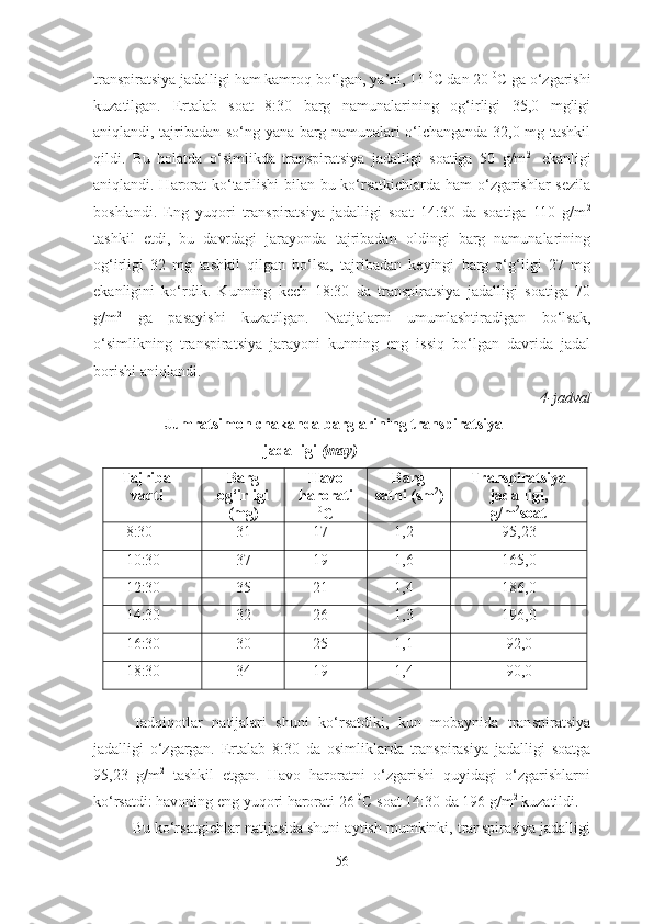 transpiratsiya jadalligi ham kamroq bo‘lgan, ya’ni, 11  0
C dan 20  0
C ga o‘zgarishi
kuzatilgan.   Ertalab   soat   8:30   barg   namunalarining   og‘irligi   35,0   mgligi
aniqlandi, tajribadan so‘ng yana barg namunalari o‘lchanganda 32,0 mg tashkil
qildi.   Bu   holatda   o‘simlikda   transpiratsiya   jadalligi   soatiga   50   g/m 2    
ekanligi
aniqlandi. Harorat ko‘tarilishi  bilan bu ko‘rsatkichlarda ham  o‘zgarishlar sezila
boshlandi.   Eng   yuqori   transpiratsiya   jadalligi   soat   14:30   da   soatiga   110   g/m 2
tashkil   etdi,   bu   davrdagi   jarayonda   tajribadan   oldingi   barg   namunalarining
og‘irligi   32   mg   tashkil   qilgan   bo‘lsa,   tajribadan   keyingi   barg   o‘g‘ligi   27   mg
ekanligini   ko‘rdik.   Kunning   kech   18:30   da   transpiratsiya   jadalligi   soatiga   70
g/m 2
  ga   pasayishi   kuzatilgan.   Natijalarni   umumlashtiradigan   bo‘lsak,
o‘simlikning   transpiratsiya   jarayoni   kunning   eng   issiq   bo‘lgan   davrida   jadal
borishi aniqlandi. 
4-jadval
                    Jumratsimon chakanda   barglarining transpiratsiya  
        jadalligi  ( may )
Tajriba
vaqti Barg
og‘irligi
(mg) Havo
harorati
0
C Barg                  
sathi   (sm 2
) Transpiratsiya
jadalligi,
g/m 2
soat
8:30 31 17 1,2 95,23
10:30 37 19 1,6 1 65,0
12:30 35 21 1,4 186,0
14:30 32 2 6 1,3 1 96,0
16:30 30 2 5 1,1 9 2,0
18:30 34 19 1,4 90,0
Tadqiqotlar   natijalari   shuni   ko‘rsatdiki,   kun   mobaynida   transpiratsiya
jadalligi   o‘zgargan.   Ertalab   8: 3 0   da   osimliklarda   transpirasiya   jadalligi   soatga
95,23   g/m 2
  tashkil   etgan.   Havo   haroratni   o‘zgarishi   quyidagi   o‘zgarishlarni
ko‘rsatdi: havoning eng yuqori harorati  26  0
C  soat  14:30 da  196 g/m 2
  kuzatildi.
Bu ko‘rsatgichlar natijasida shuni aytish mumkinki, transpirasiya jadalligi
56 