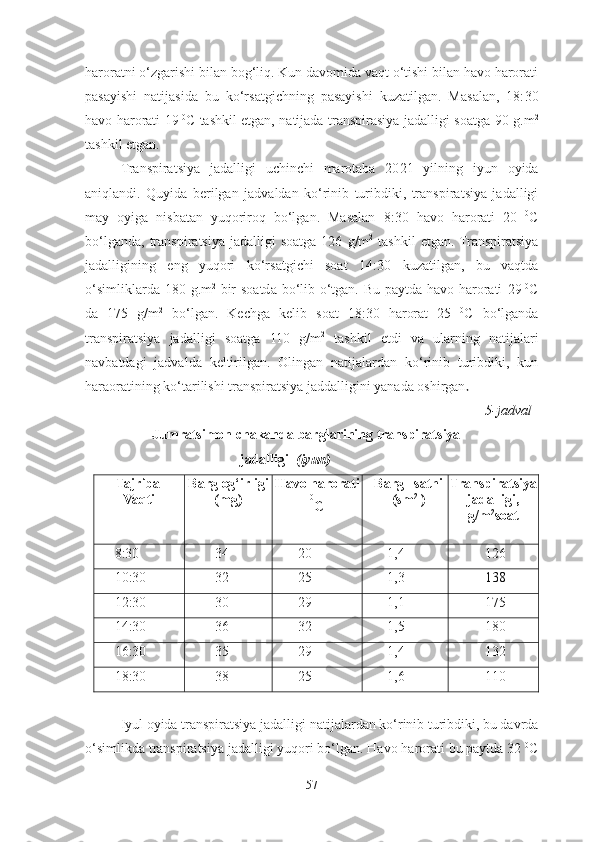 haroratni o‘zgarishi bilan bog‘liq. Kun davomida vaqt o‘tishi bilan havo harorati
pasayishi   natijasida   bu   ko‘rsatgichning   pasayishi   kuzatilgan.   Masalan,   18: 3 0
havo harorati   19   0
C   tashkil etgan, natijada transpirasiya jadalligi soatga   90   g. m 2
tashkil etgan.
Transpiratsiya   jadalligi   uchinchi   marotaba   20 21   yilning   iyun   oyida
aniqlandi.   Quyida   berilgan   j advaldan   ko‘rinib   turibdiki,   transpiratsiya   jadalligi
may   oyiga   nisbatan   yuqoriroq   bo‘lgan.   Masalan   8:30   havo   harorati   20   0
C
bo‘lganda,  transpiratsiya  jadalligi  soatga   126   g/ m 2
  tashkil  etgan. Transpiratsiya
jadalligining   eng   yuqori   ko‘rsatgichi   soat   14:30   kuzatilgan,   bu   vaqtda
o‘simliklarda   180   g.m 2
  bir  soatda bo‘lib o‘tgan. Bu paytda havo harorati   29   0
C
da   175   g/m 2
  bo‘lgan.   Kechga   kelib   s oat   18: 3 0   harorat   25   0
C   bo‘lganda
transpiratsiya   jadalligi   soatga   110   g/ m 2
  tashkil   etdi   va   ularning   natijalari
navbatdagi   jadvalda   keltirilgan.   Olingan   natijalardan   ko‘rinib   turibdiki,   kun
haraoratining ko‘tarilishi transpiratsiya jaddalligini yanada oshirgan .
5-jadval
             Jumratsimon chakanda   barglarining transpiratsiya
  jadalligi     (iyun)
Tajriba  
Vaqti Barg   og‘irligi
(mg) Havo   harorati
0
C Barg     sathi
(sm 2
  ) Transpiratsiya
jadalligi,
g/m 2
soat
8:30 34 2 0 1,4 12 6
10:30 32 25 1,3 138
12:30 30 29 1,1 1 75
14:30 36 32 1,5 180
16:30 35 29 1,4 1 32
18:30 38 25 1,6 1 10
 
Iyul oyida transpiratsiya jadalligi  natijalardan ko‘rinib turibdiki, bu davrda
o‘simlikda transpiratsiya jadalligi yuqori bo‘lgan. Havo harorati bu paytda 32  0
C
57 