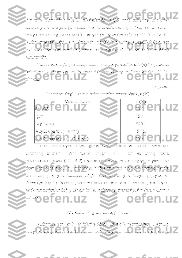 Birinchisi   tuproqning   mayda   fraksiyalarida   (<0,15   mm)   radiyning   to‘planish
darajasi yirik fraksiyalarga nisbatan 3-8 marta katta ekanligi bo‘lsa, ikkinchi sababi
radiy atomlarining tuproq donalari va yoriqlari yuzasiga ko‘proq o‘tirib qolishidir.
Radon   emanatsiyasini   osonlashtiruvchi   bu   ikki   hodisaning   yuzaga   kelishiga   yer
osti   suvlari   va   havo   oqimlari   (mineral   donalarga   Ra   o‘tirishi   va   Rn   ko‘chishiga)
sababchidir.
Tuproq va shag‘al jinslardagi radon emanatsiya koeffitsienti ( e ) 1. 4 -jadvalda
keltirilgan.   U   Shvetsiya   milliy   tekshirish   institutining   ma’lumotlaridan   [ 1 1 -1 3]
olingan.
1. 4 -jadval 
Tuproq va shag‘allardagi radon atomlari emanatsiyasi,  e  (%)
Material turlari e, (%)
Shag‘al 
Qum 
Loy tuproq 
Mayda shag‘al, (1-8 mm) 
Uoanli mayda granit, (1-8 mm) 15-40
15-30
30-70
5-15
15-30
Toron   emanatsiyasi   o‘rganilganda   qum,   balchiq   va   tuproq   jismlaridan
toronning   chiqishi   10%   ni   tashkil   qilgan   [ 1 4].   Toron   va   uning   hosila
radionuklidlari suvda ( pH   =   6-7) qiyin erishi bilan birga ularning yarim yemirilish
davri   xam   juda   qisqadir.   Emanatsiya   bo‘layotgan   radon   yoki   toronning   qancha
qismi   tog‘   jinsi   yoki   tuproqqa   to‘g‘ri   kelishi,   uran   yoki   toriyning   joylashish
formasiga   bog‘liq.   Masalan,   uran   molekulalari   dala   shpati,   magnetit,   apatit   yoki
ssirkonat panjaralarida joylashgan bo‘lsa, radonning emanatsiyasi nisbatan kamroq
bo‘ladi.
1. 2 . 4 . Radonning tuproqdagi miqdori
Radonning   yer   osti   bo‘shliqlari   yoki   suvlaridagi   konsentratsiyasi   u   yerdagi
radiy miqdoriga va mineral donalarida hosil bo‘layotgan radon atomlarining soniga 