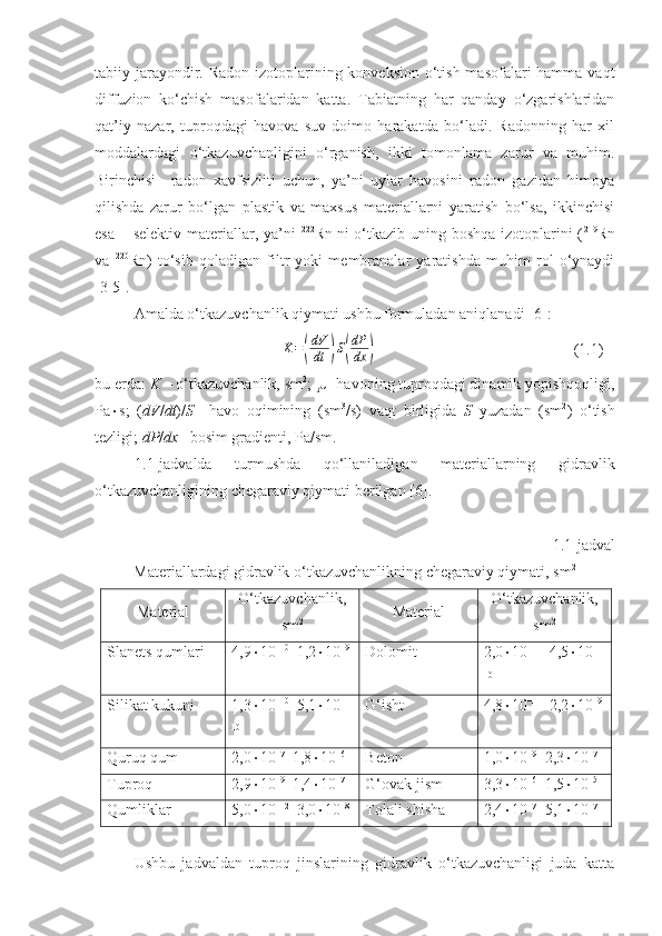 tabiiy jarayondir. Radon izotoplarining konveksion o‘tish masofalari hamma vaqt
diffuzion   ko‘chish   masofalaridan   katta.   Tabiatning   har   qanday   o‘zgarishlaridan
qat’iy   nazar,   tuproqdagi   havova   suv   doimo   harakatda   bo‘ladi.   Radonning   har   xil
moddalardagi   o‘tkazuvchanligini   o‘rganish,   ikki   tomonlama   zarur   va   muhim.
Birinchisi   –radon   xavfsizliti   uchun,   ya’ni   uylar   havosini   radon   gazidan   himoya
qilishda   zarur   bo‘lgan   plastik   va   maxsus   materiallarni   yaratish   bo‘lsa,   ikkinchisi
esa – selektiv materiallar, ya’ni   222
Rn   ni o‘tkazib uning boshqa  izotoplarini ( 219
Rn
va   220
Rn)   to‘sib   qoladigan   filtr   yoki   membranalar   yaratishda   muhim   rol   o‘ynaydi
[3-5].
Amalda o‘tkazuvchanlik qiymati ushbu formuladan aniqlanadi [ 6 ]:K=(
dV
dt	)S(
dP
dx	)
( 1. 1)
bu erda:  K  – o‘tkazuvchanlik, sm 2
;   – havoning tuproqdagi dinamik yopishqoqligi,
Pa  s;   ( dV / dt )/ S –   havo   oqimining   (sm 3
/s)   vaqt   birligida   S   yuzadan   (sm 2
)   o‘tish
tezligi;  dP / dx – bosim gradienti, Pa/sm. 
1. 1 -jadvalda   turmushda   qo‘llaniladigan   materiallarning   gidravlik
o‘tkazuvchanligining chegaraviy qiymati berilgan [ 6 ].
1. 1 -jadval
Materiallardagi gidravlik o‘tkazuvchanlikning chegaraviy qiymati, sm 2
Material O‘tkazuvchanlik,
sm 2 Material O‘tkazuvchanlik,
sm 2
Slanets qumlari 4,9  10 –10
–1,2  10 –9
Dolomit 2,0  10 –11
–4,5  10 –
10
Silikat kukuni 1,3  10 –10
–5,1  10 –
10 G‘isht 4,8  10 –11
–2,2  10 –9
Quruq qum 2,0  10 –7
–1,8  10 –6
Beton 1,0  10 –9
–2,3  10 –7
Tuproq 2,9  10 –9
–1,4  10 –7
G‘ovak jism 3,3  10 –6
–1,5  10 –5
Qumliklar 5,0  10 –12
–3,0  10 –8
Tolali shisha 2,4  10 –7
–5,1  10 –7
Ushbu   jadvaldan   tuproq   jinslarining   gidravlik   o‘tkazuvchanligi   juda   katta 