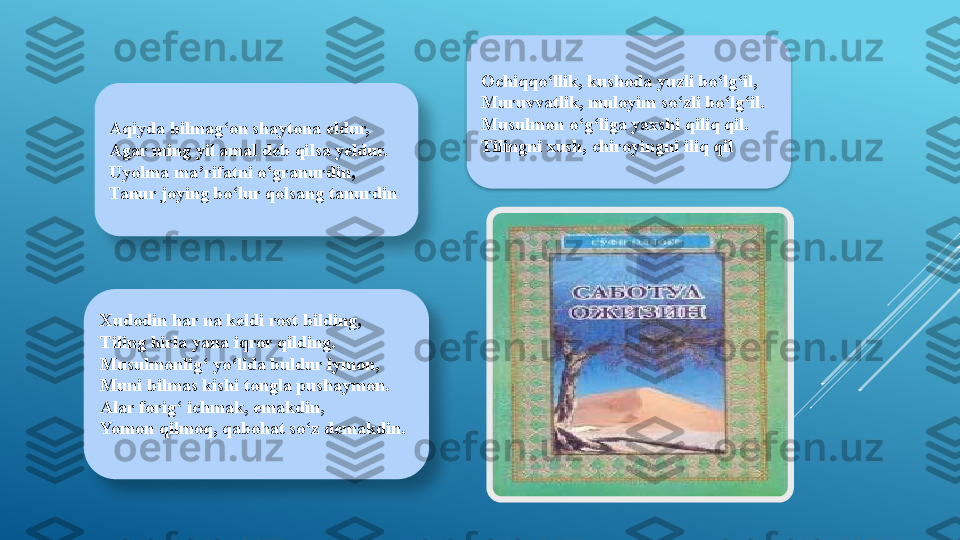 Aqiyda bilmag‘on shaytona eldur,
Agar ming yil amal deb qilsa yeldur.
Uyolma ma’rifatni o‘granurdin, 
Tanur joying bo‘lur qolsang tanurdin
Xudodin har na keldi rost bilding,
Tiling birla yana iqror qilding. 
Musulmonlig‘ yo‘lida buldur iymon,
Muni bilmas kishi tongla pushaymon.
Alar forig‘ ichmak, emakdin,
Yomon qilmoq, qabohat so‘z demakdin. Ochiqqo‘llik, kushoda yuzli bo‘lg‘il,
Muruvvatlik, muloyim so‘zli bo‘lg‘il.
Musulmon o‘g‘liga yaxshi qiliq qil.
Tilingni xush, chiroyingni iliq qil    