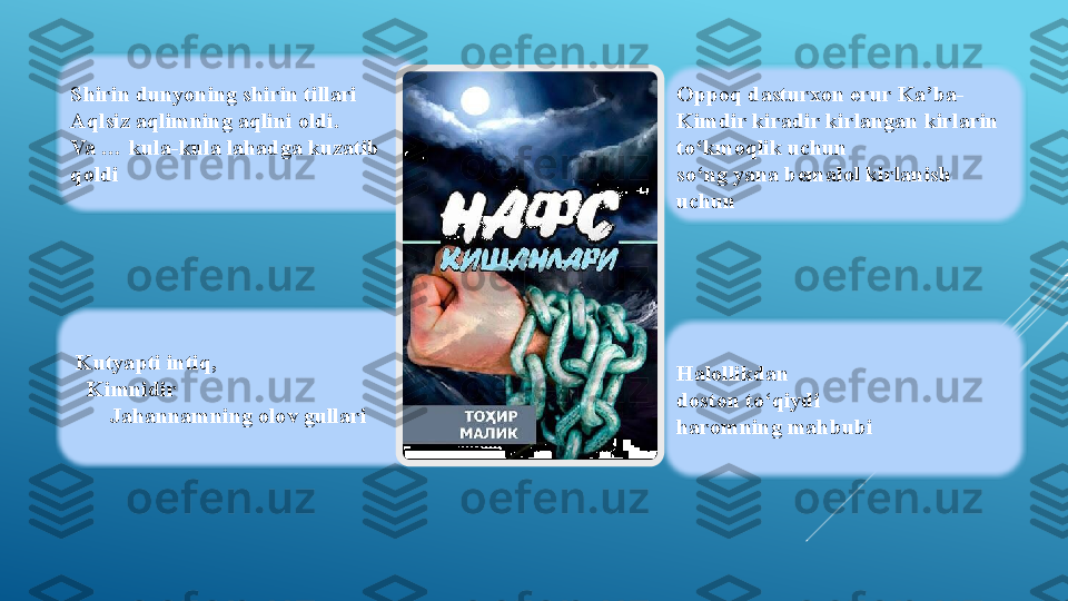 Shirin dunyoning shirin tillari
Aqlsiz aqlimning aqlini oldi. 
Va … kula-kula lahadga kuzatib 
qoldi
  Kutyapti intiq, 
    Kimnidir
        Jahannamning olov gullari Oppoq dasturxon erur Ka’ba-
Kimdir kiradir kirlangan kirlarin 
to‘kmoqlik uchun
so‘ng yana bemalol kirlanish 
uchun
Halollikdan 
doston to‘qiydi
haromning mahbubi 