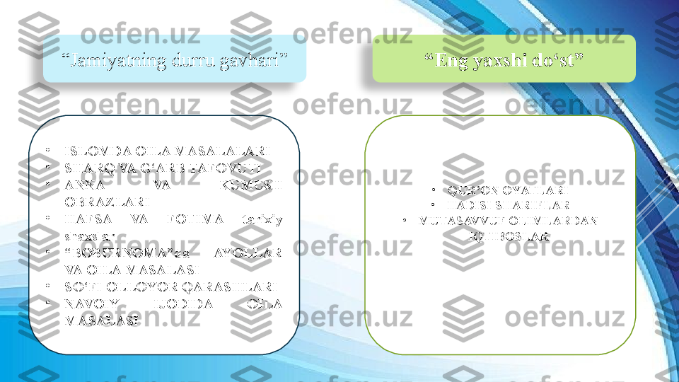 “ Jamiyatning durru gavhari” “ Eng yaxshi do‘st”
•
ISLOMDA OILA MASALALARI
•
SHARQ VA G‘ARB TAFOVUTI
•
ANNA  VA  KUMUSH 
OBRAZLARI
•
HAFSA  VA  FOTIMA  tarixiy 
shaxslar
•
“ BOBURNOMA”da  AYOLLAR 
VA OILA MASALASI
•
SO‘FI OLLOYOR QARASHLARI
•
NAVOIY  IJODIDA  OILA 
MASALASI  •
QUR’ON OYATLARI
•
HADISI SHARIFLAR
•
MUTASAVVUF OLIMLARDAN 
IQTIBOSLAR   