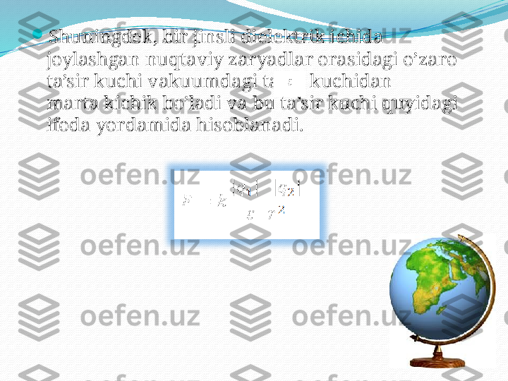 
Shuningdek, bir jinsli dielektrik ichida 
joylashgan nuqtaviy zaryadlar orasidagi o’zaro 
ta’sir kuchi vakuumdagi ta’sir kuchidan 
marta kichik bo’ladi va bu ta’sir kuchi quyidagi 
ifoda yordamida hisoblanadi. 